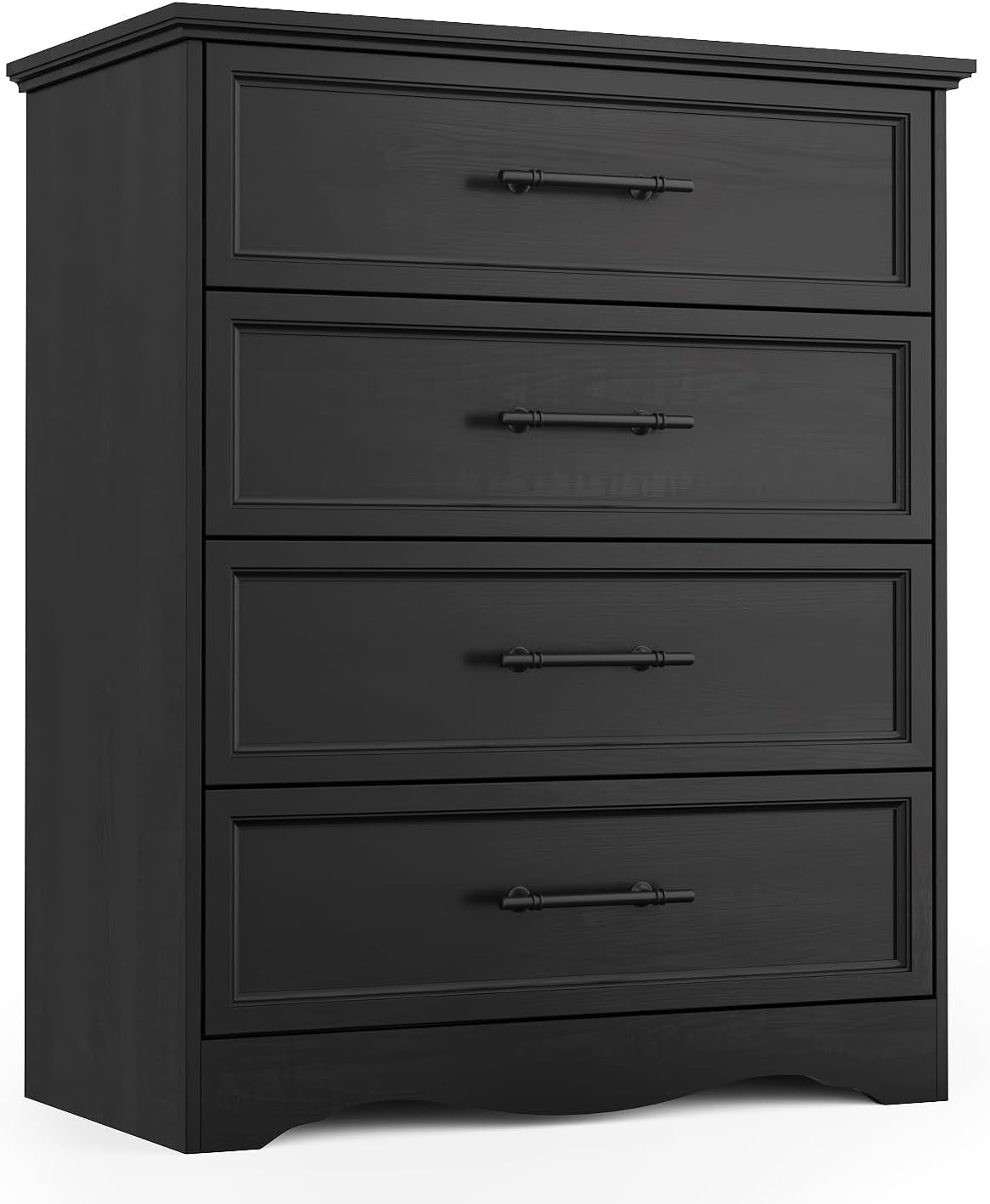 Black four-drawer chest with decorative drawer molding and black tubular handles on white background.