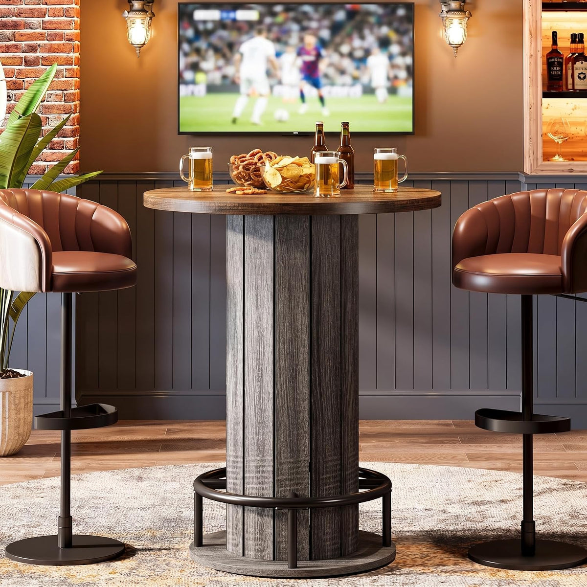 Round pub table set between two brown swivel bar stools in a bar-style room with drinks on the tabletop