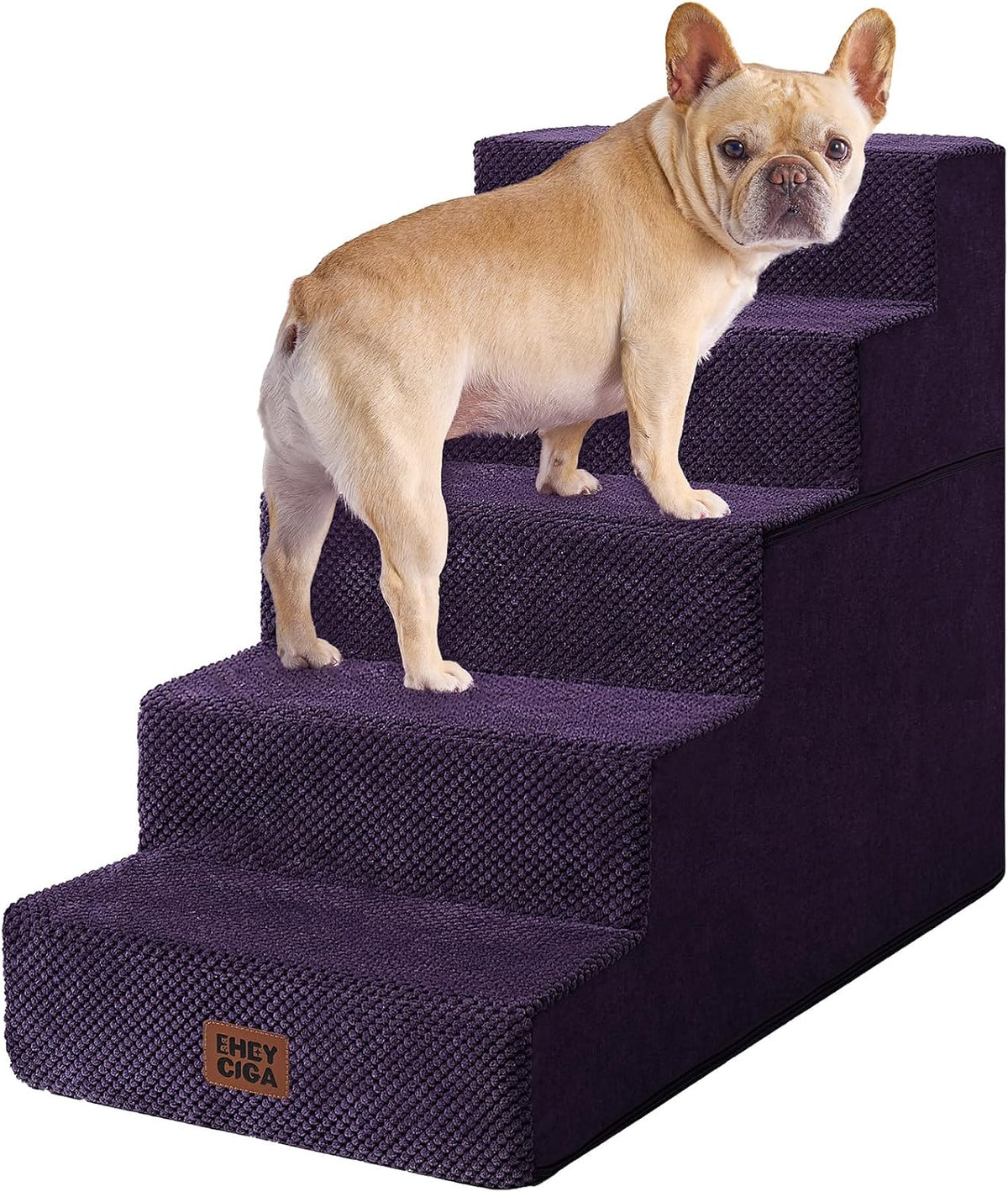 Four-step deep purple pet stairs with a small dog standing near the top step