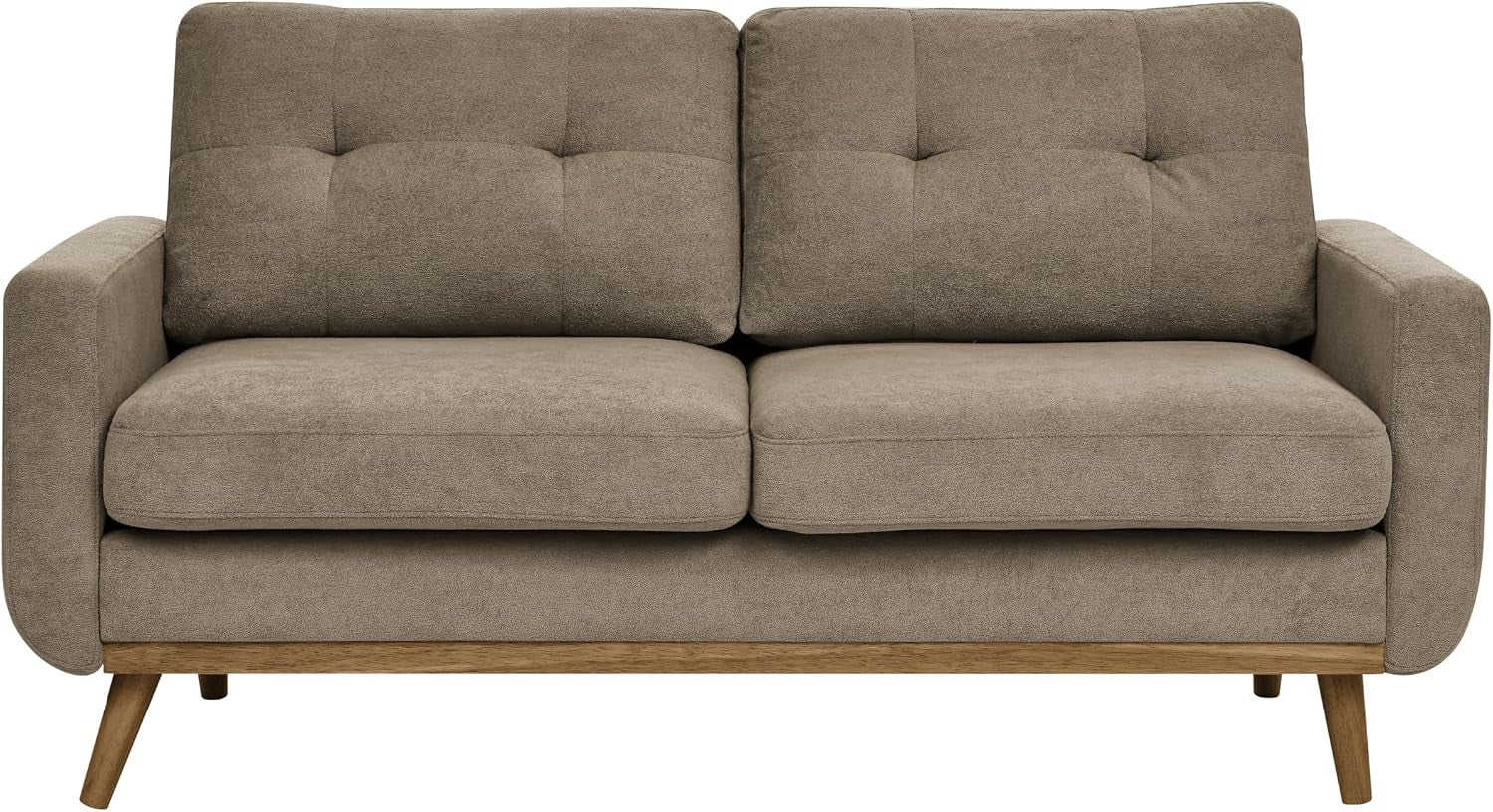 Studio front shot of camel tufted loveseat with visible wooden base and tapered legs