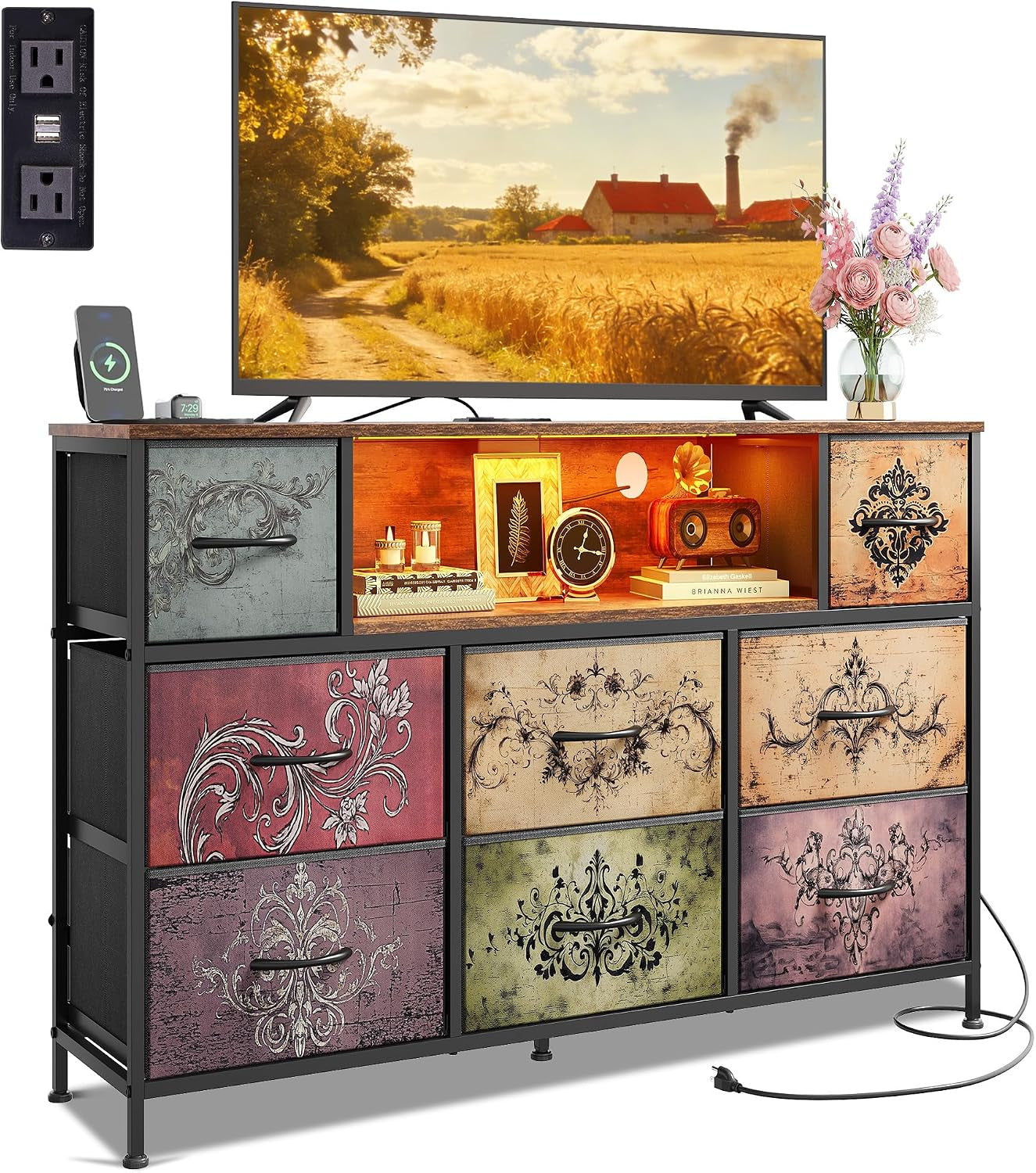 Front view of an 8-drawer dresser with multicolor patterned drawer fronts and illuminated open shelf.