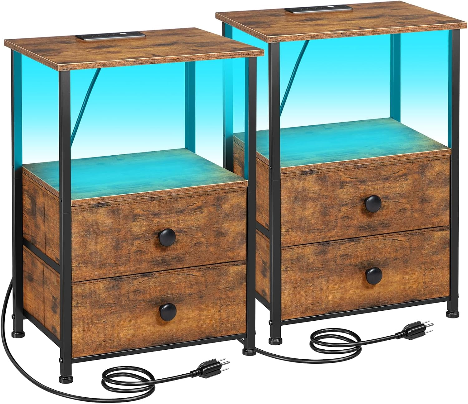 Set of two rustic brown nightstands with open shelf, two drawers and visible power cords