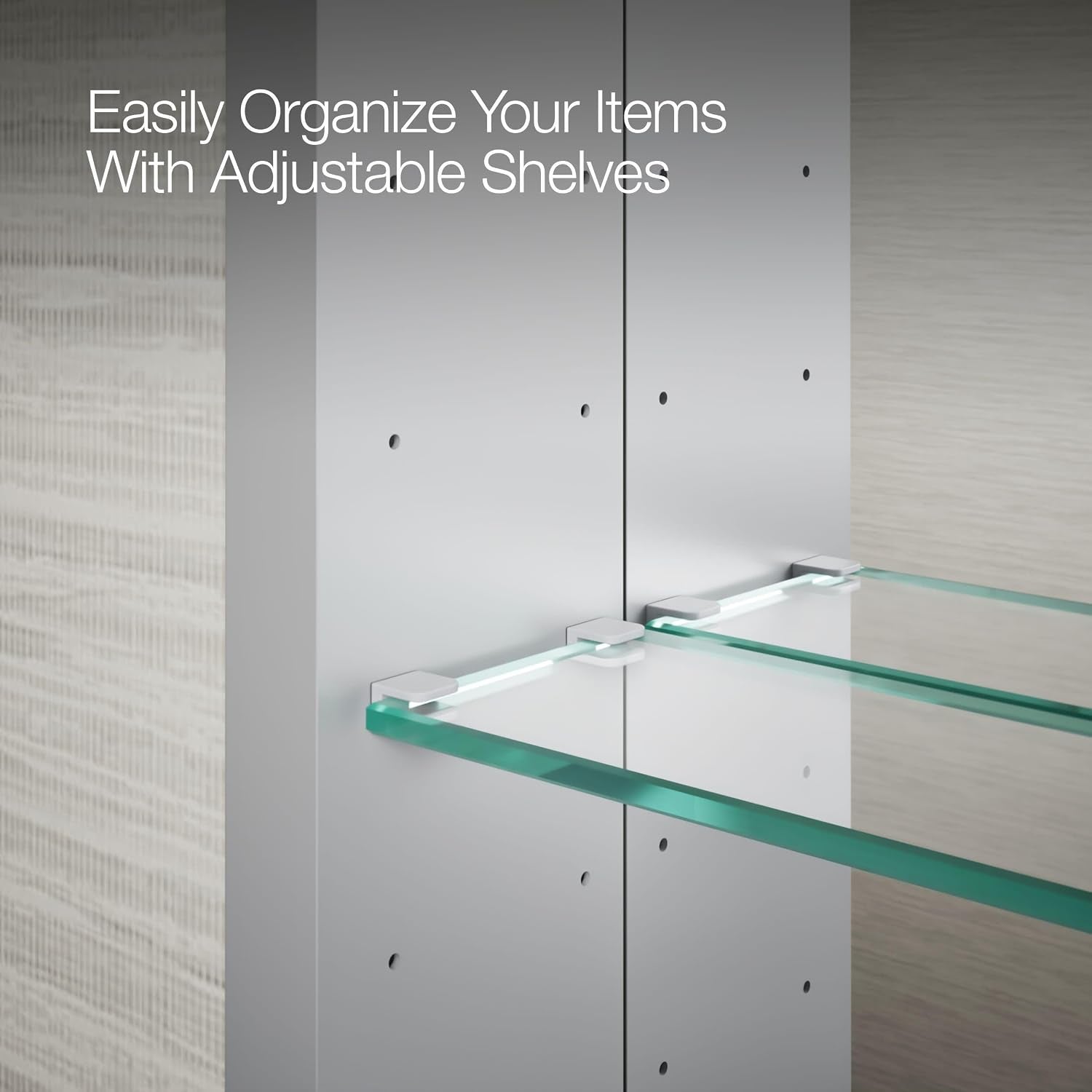 Close-up of two glass shelves resting on small square metal shelf supports inside cabinet