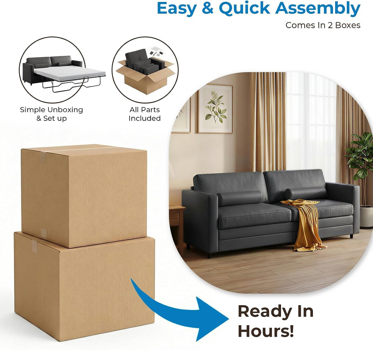 Two stacked cardboard boxes beside an inset photo of the dark grey sofa set up in a living room.