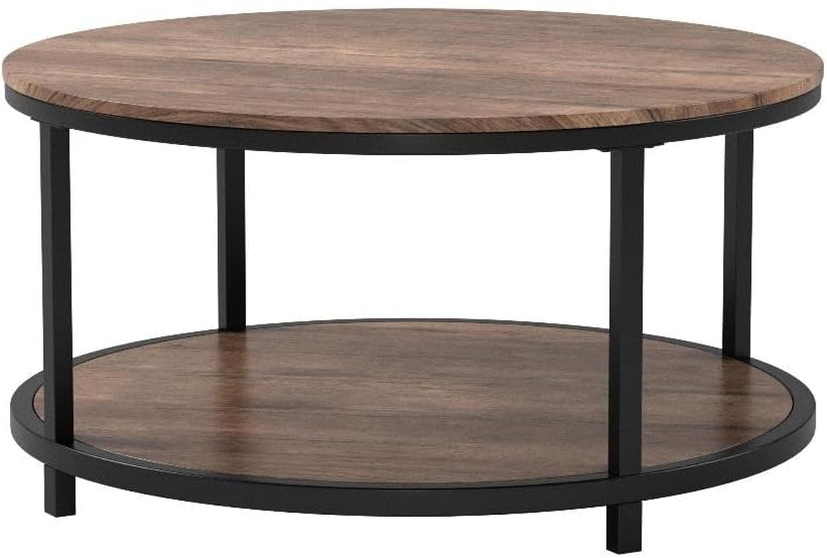Studio view of round coffee table showing metal legs and wood-grain top against white background