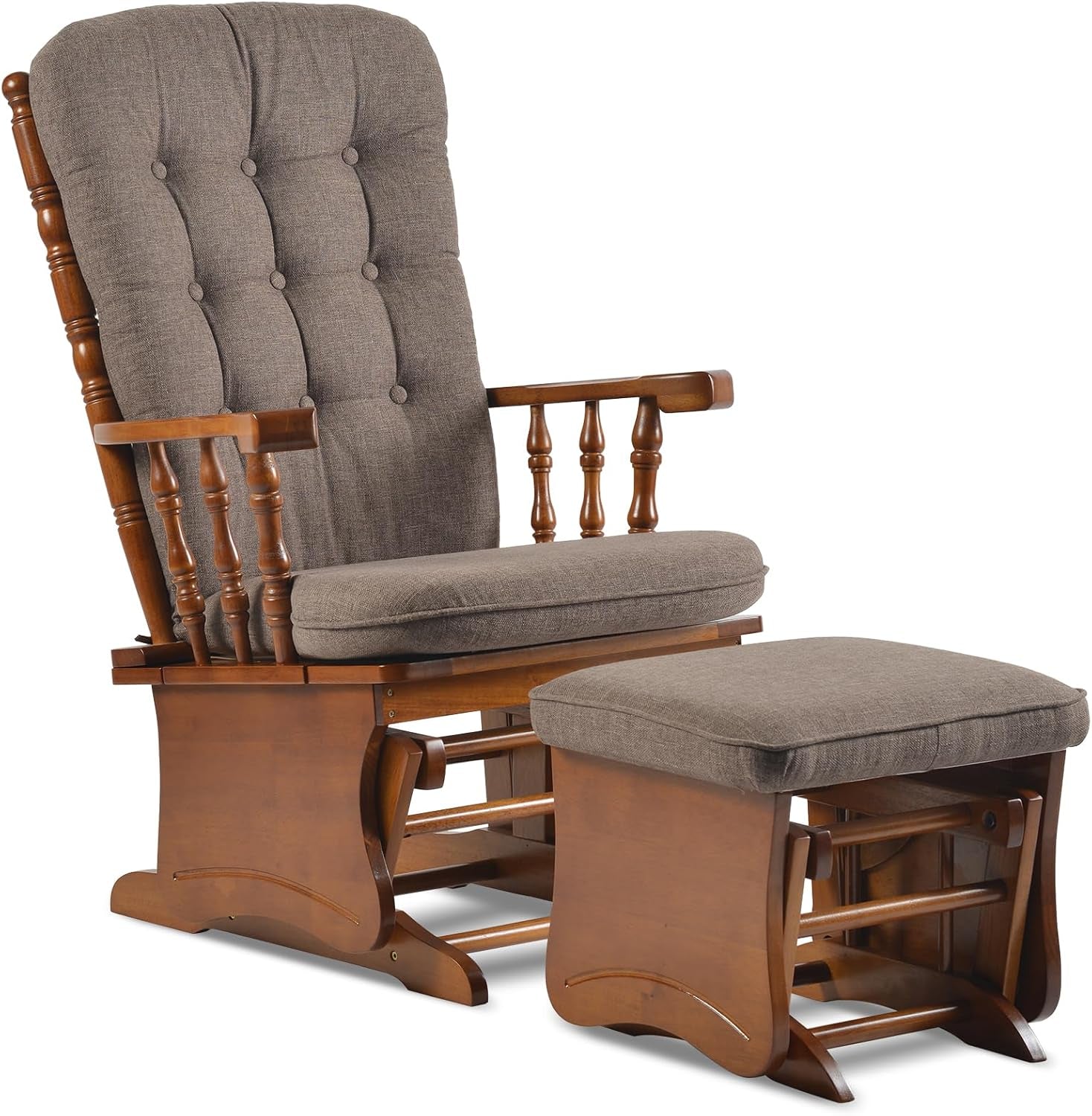 Oak wood glider rocker with matching ottoman in gray-brown fabric shown on white background.
