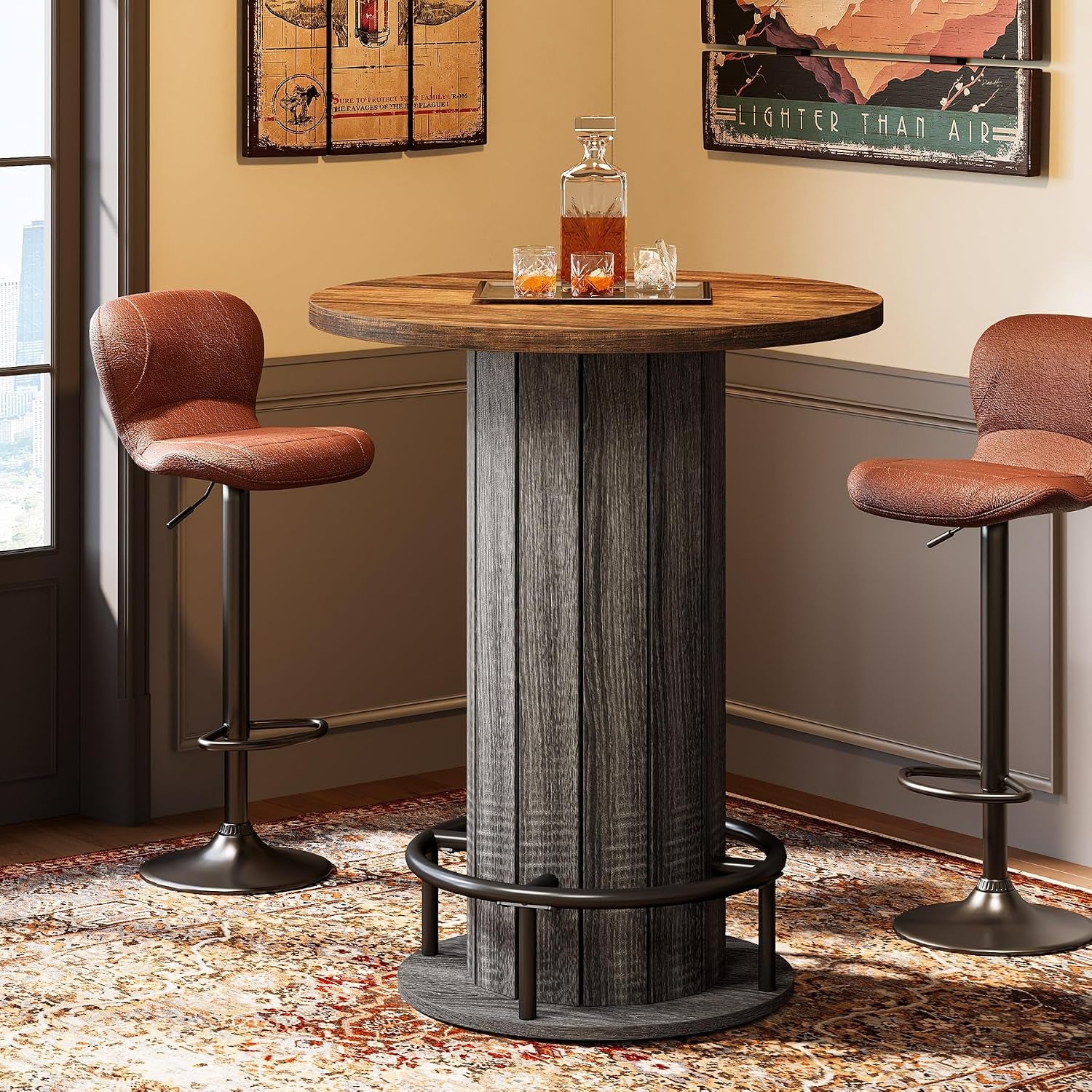 Round bistro table with dark gray plank base and metal ring, flanked by two rust-colored swivel bar stools