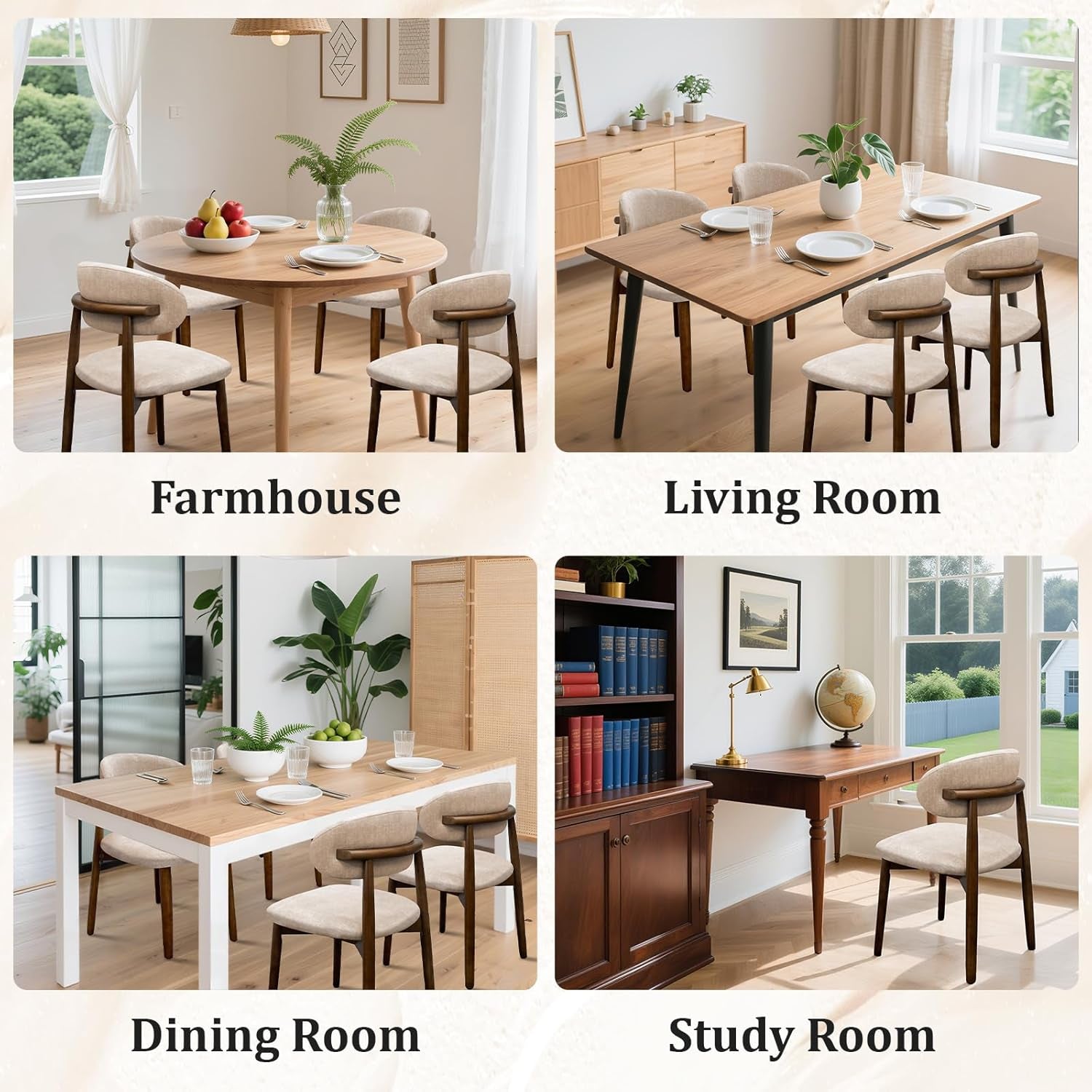 Beige dining chairs shown in four settings: farmhouse, living room, dining room and study.
