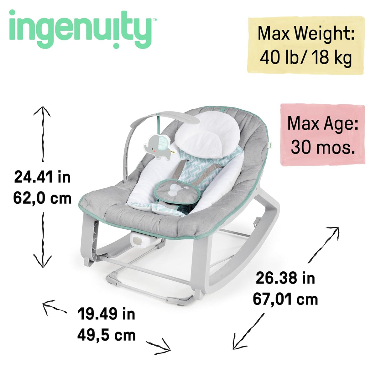 Bouncer shown with arrows indicating dimensions and colored callouts for max weight and max age.