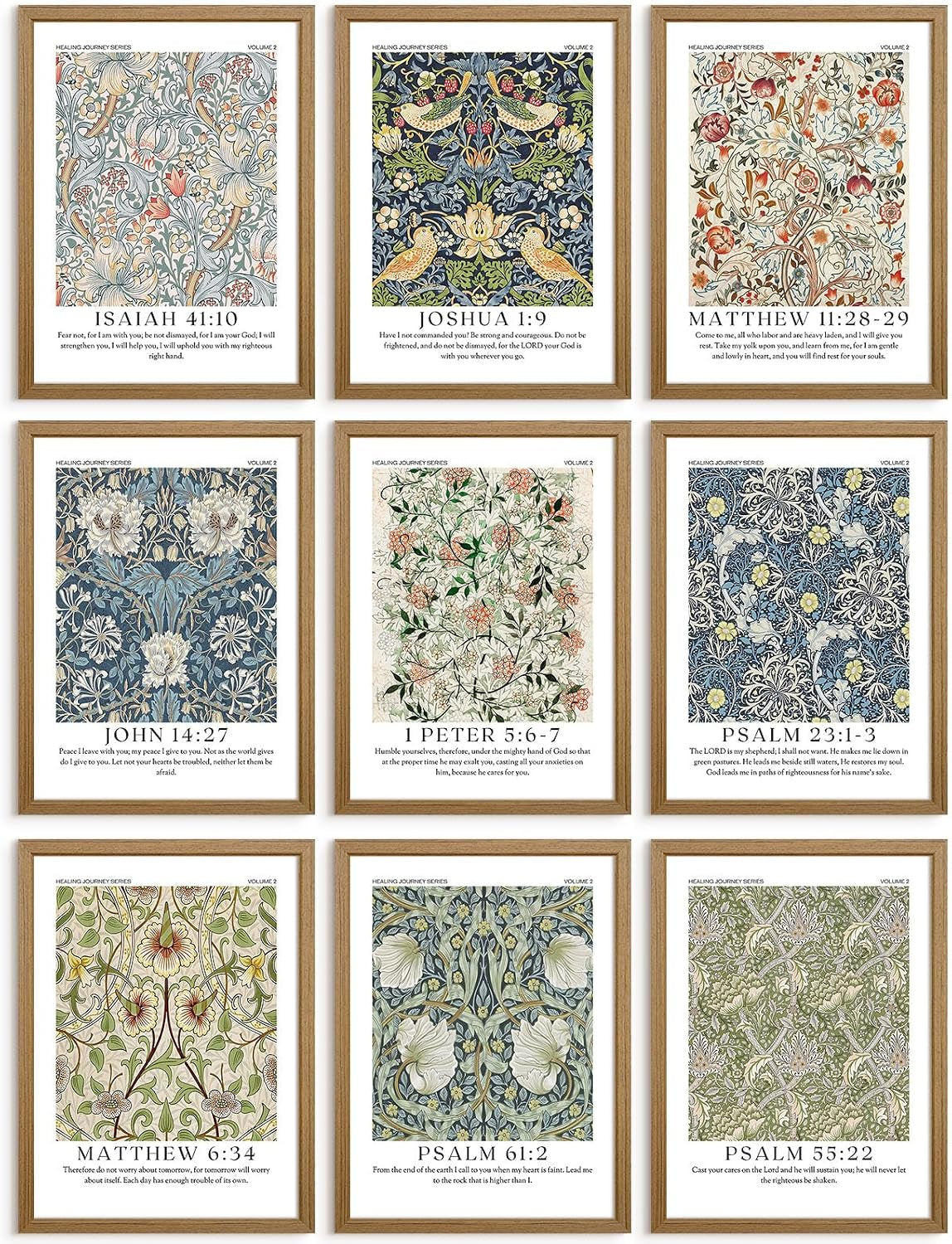 Nine small framed floral and patterned prints arranged in a 3x3 grid with white mats and wood frames.
