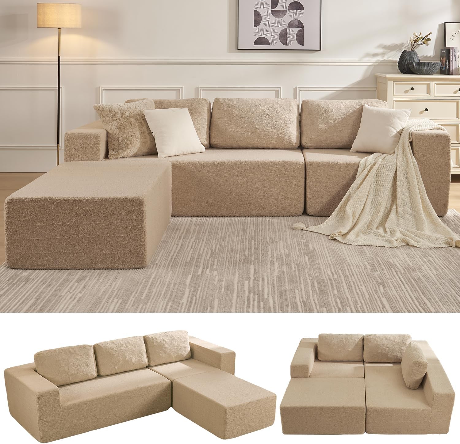 Furnify 136" Cloud Sectional Couch, Left/Right Facing Convertible Sofa with Deep Seat, L-Shape Modular Upholstered Foam Couch for Living Room Bedroom, No Assembly Required (Corduroy Fabric, Beige)