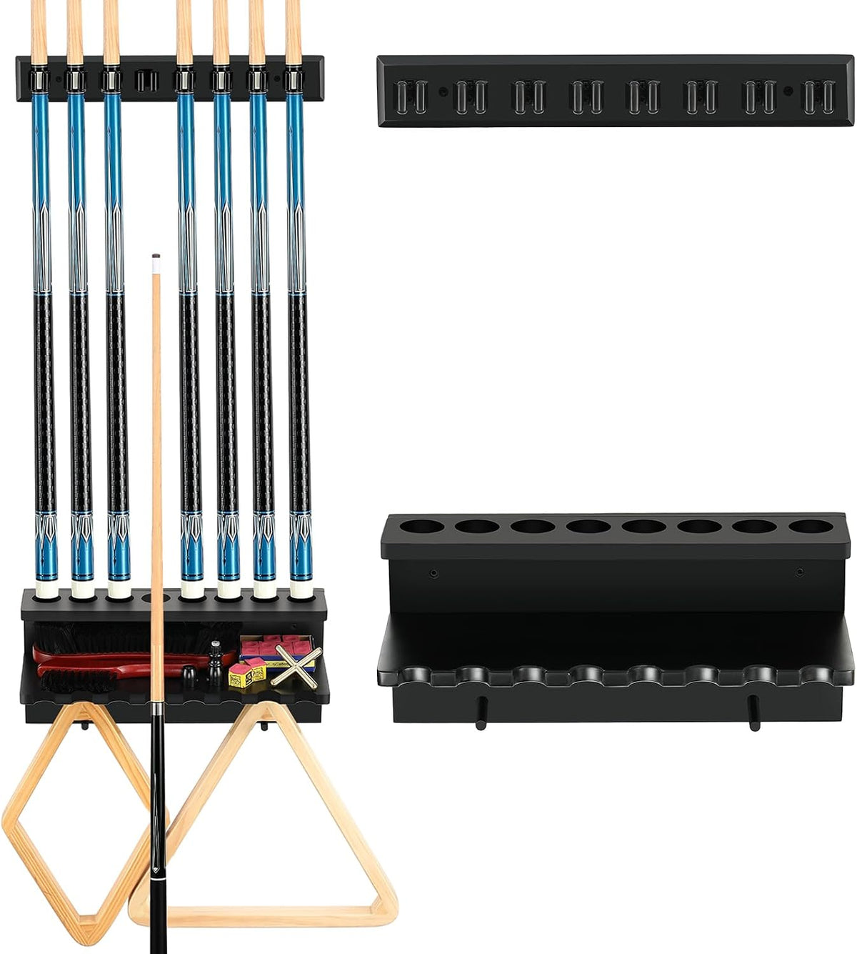 Black wall rack shown with six blue-handled cues in upper holes and accessories stored below