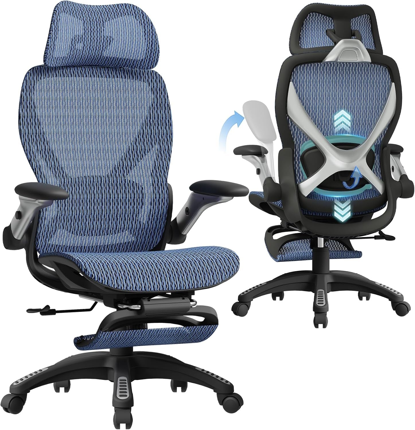 Blue woven mesh office chair shown from a front three-quarter angle and a rear three-quarter angle with silver frame accents.