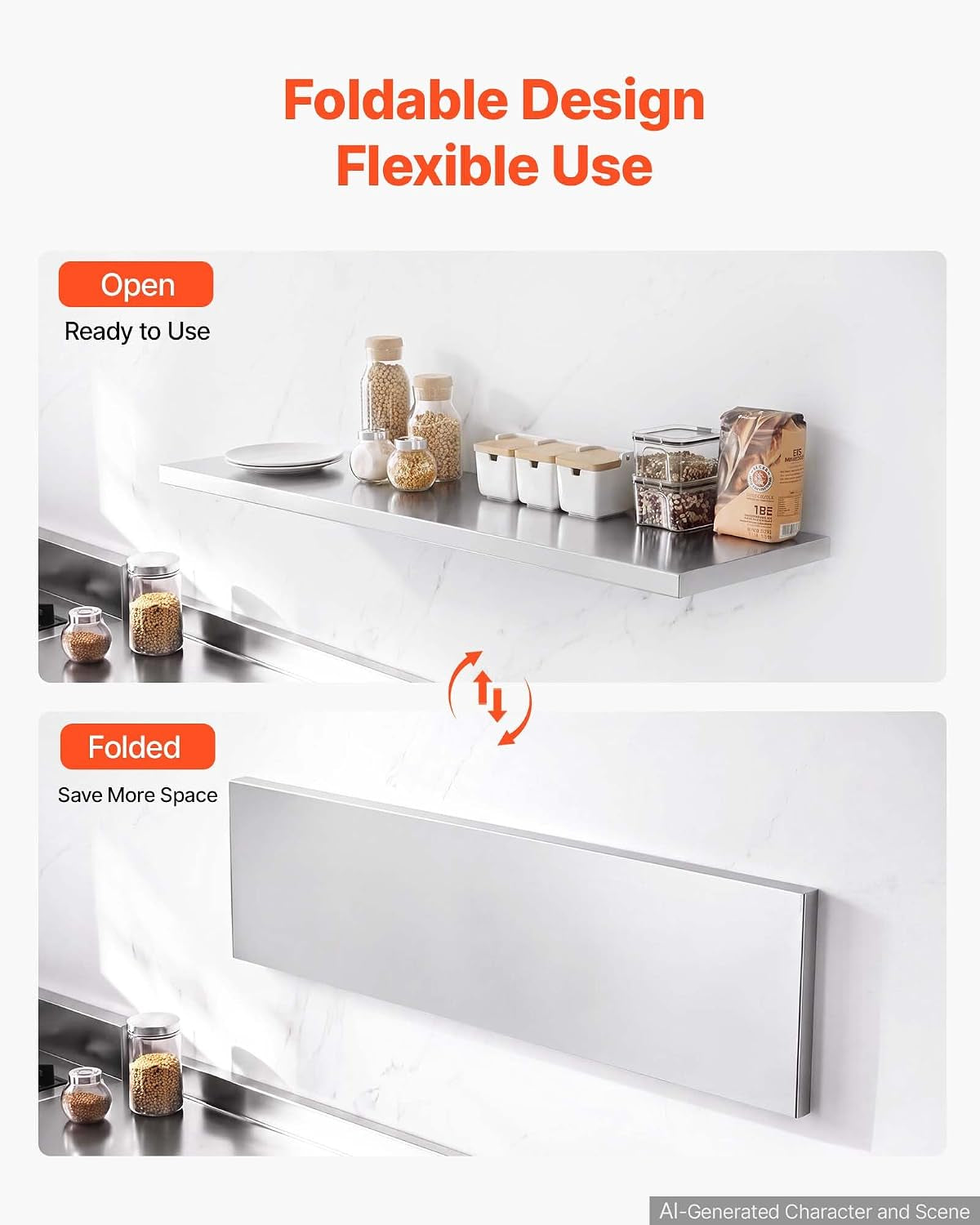 Split image showing the shelf open and loaded on top, and folded flat against the wall in the lower panel.