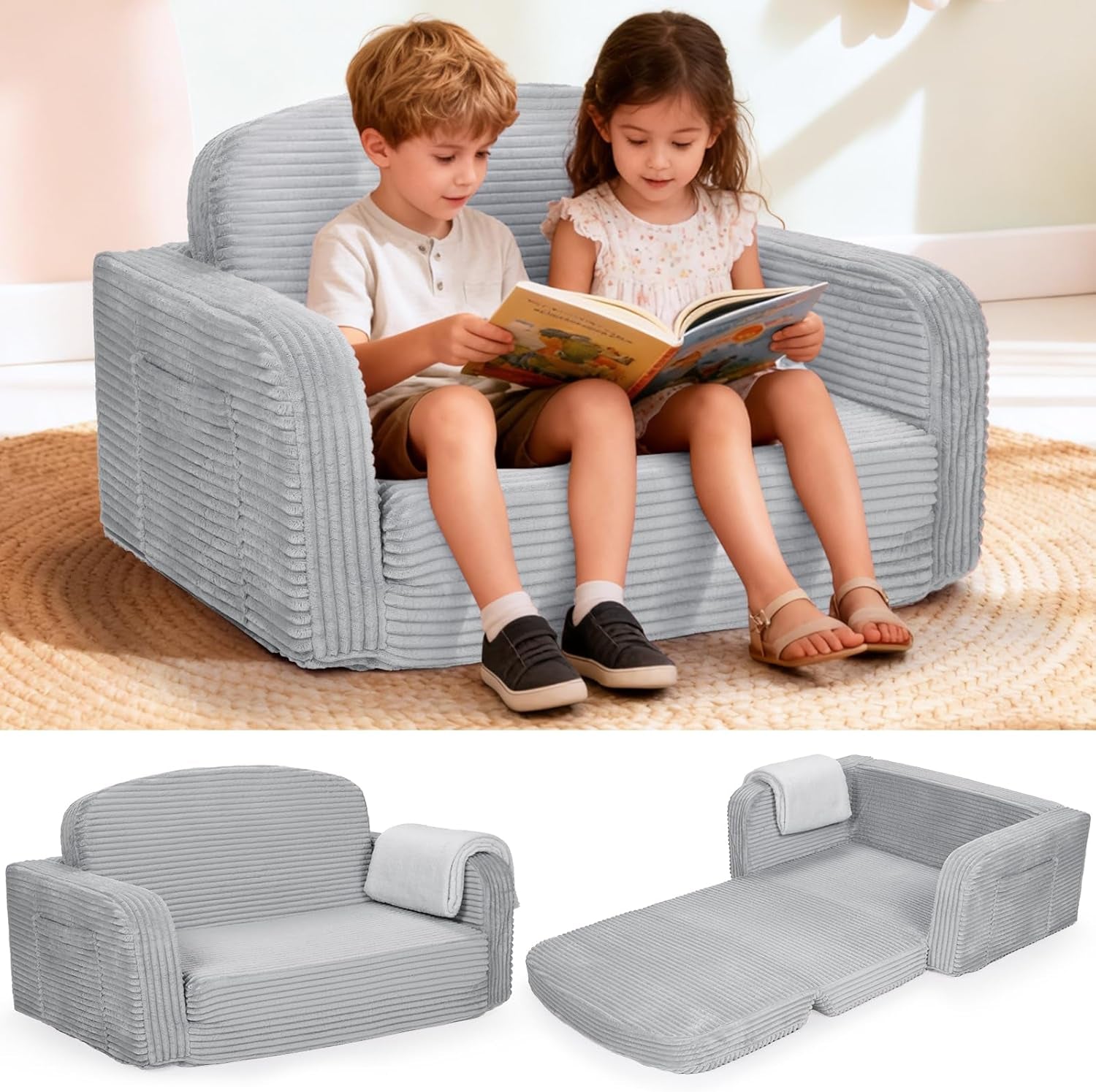 Pale blue-gray corduroy toddler sofa with two children reading, plus separate sofa and flat bed views.