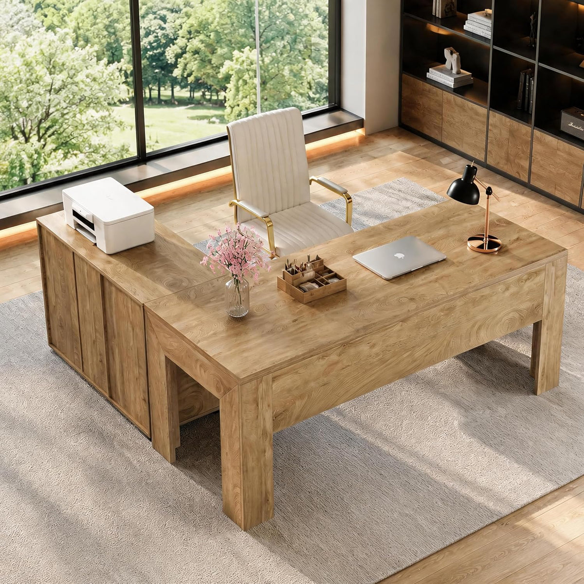 Aerial view of light walnut L-shaped desk and mobile file cabinet showing top surfaces and leg panels