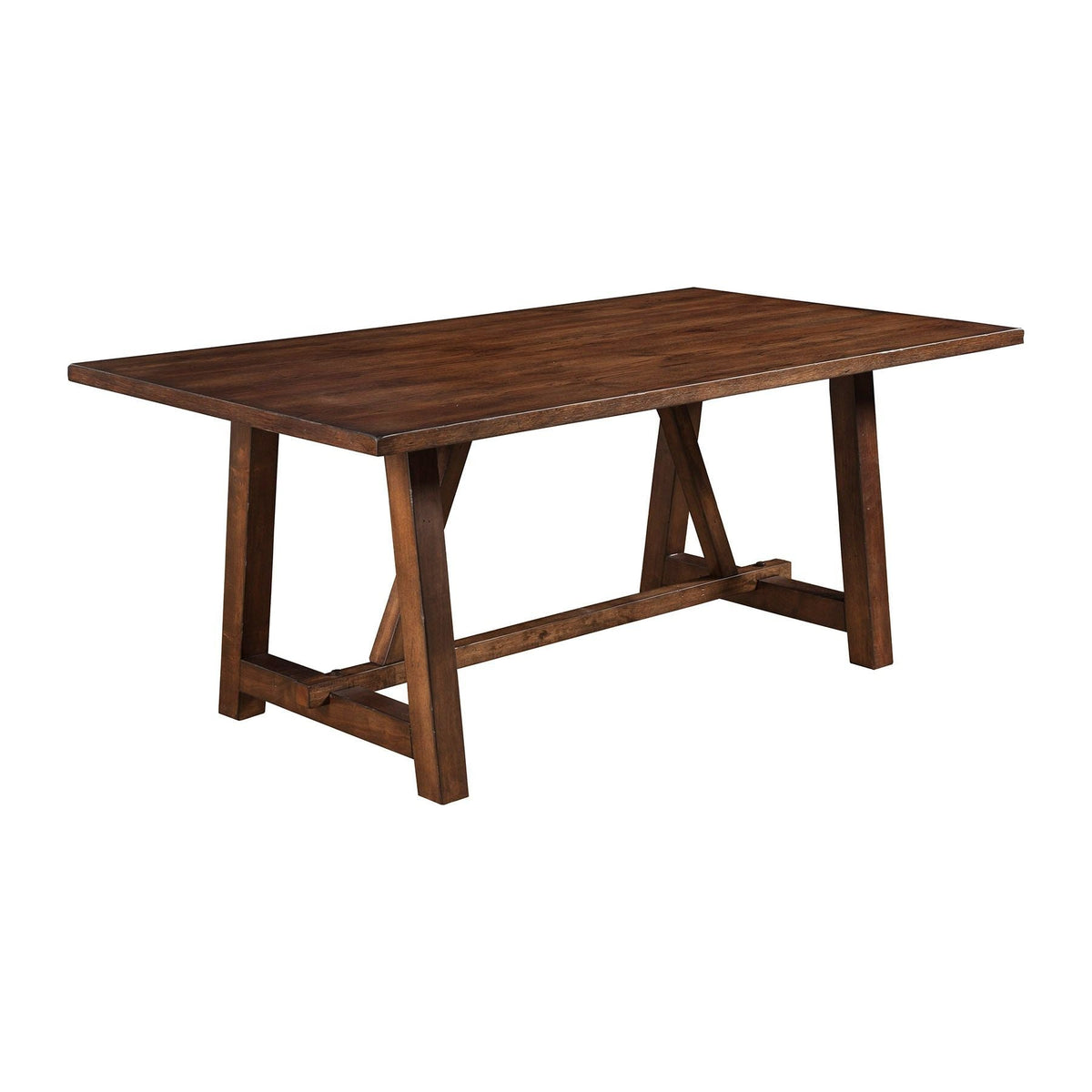 Angled view of a dark brown rectangular dining table with a trestle base