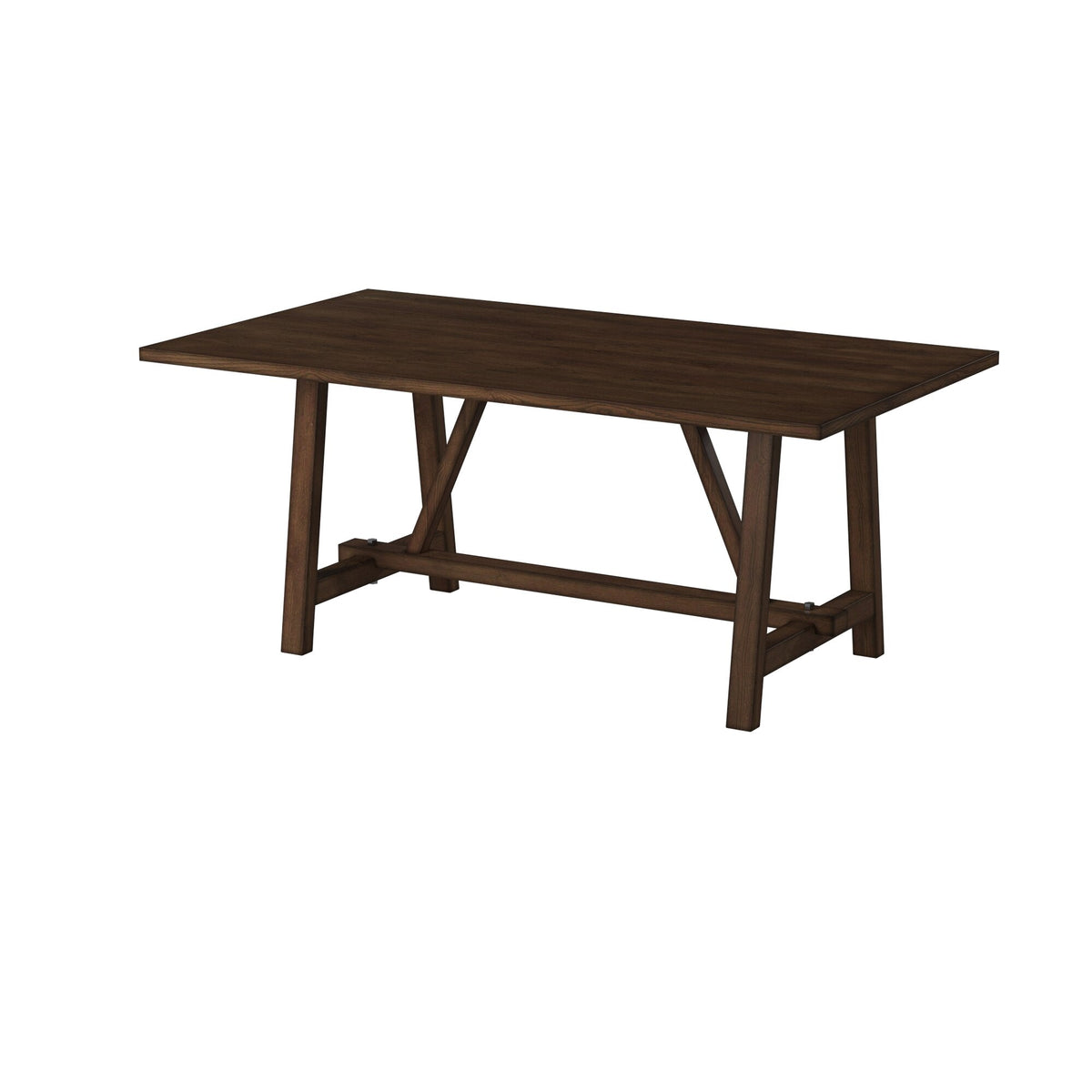 Dark brown trestle dining table shown at an angled side view