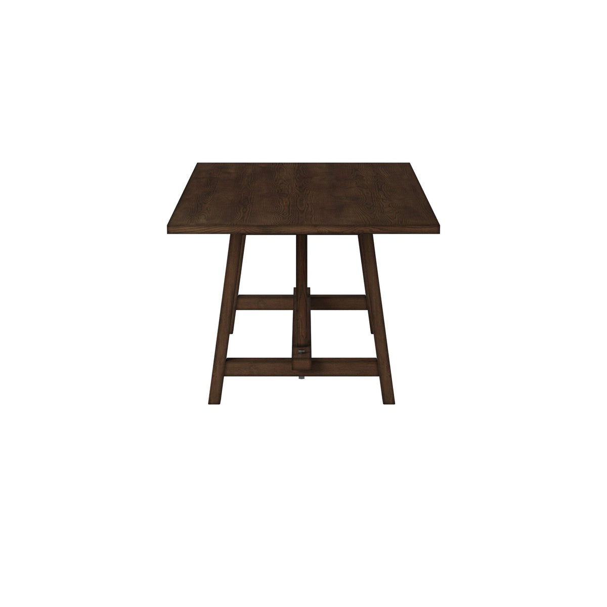 Dark brown trestle dining table viewed end-on against a white background