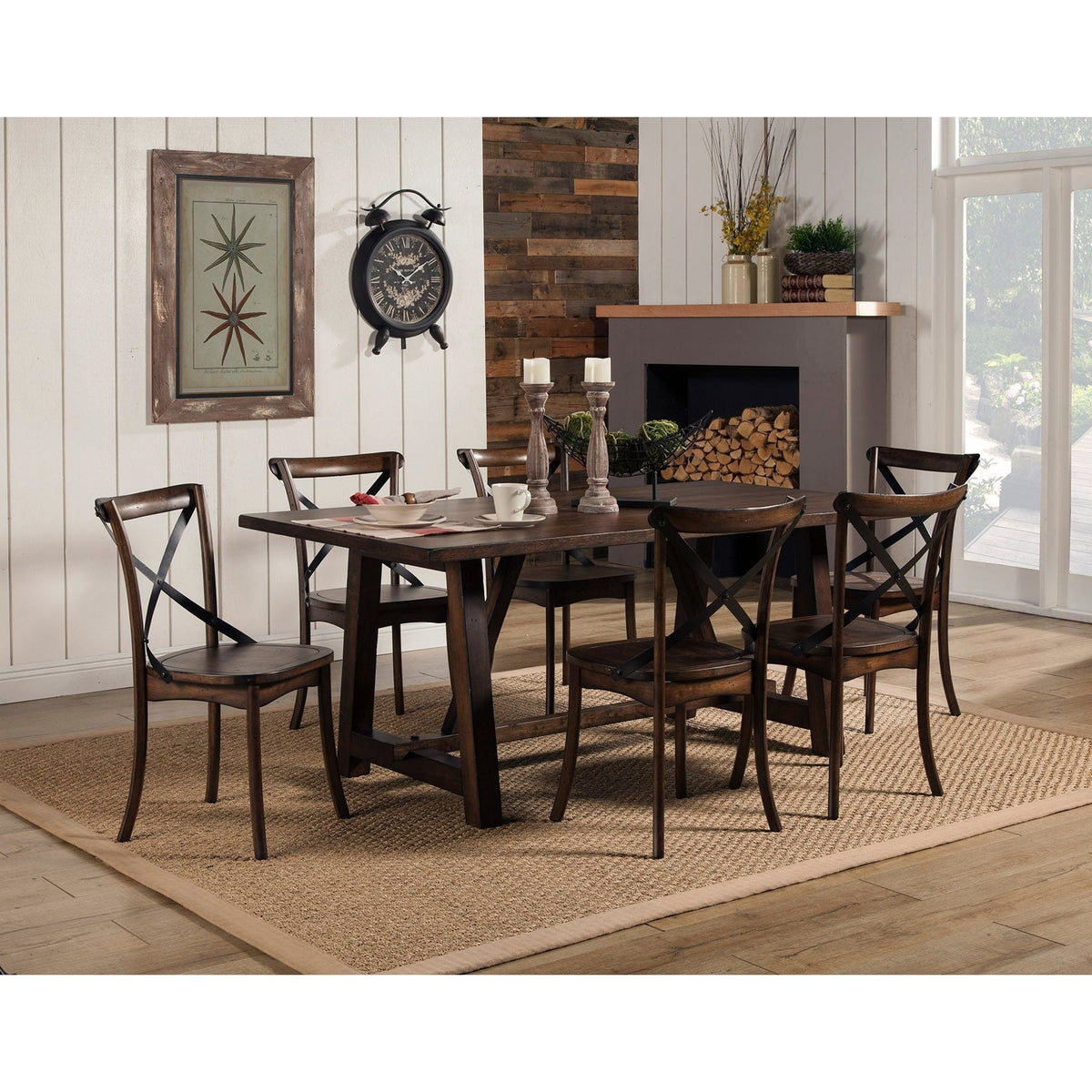 Dark brown trestle dining table with chairs in a rustic dining room