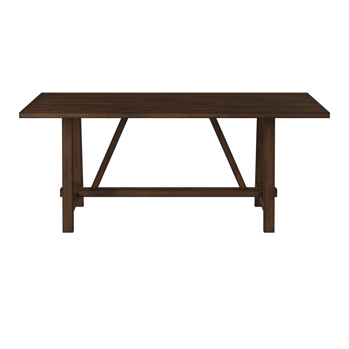 Dark brown rectangular trestle dining table shown from the long side