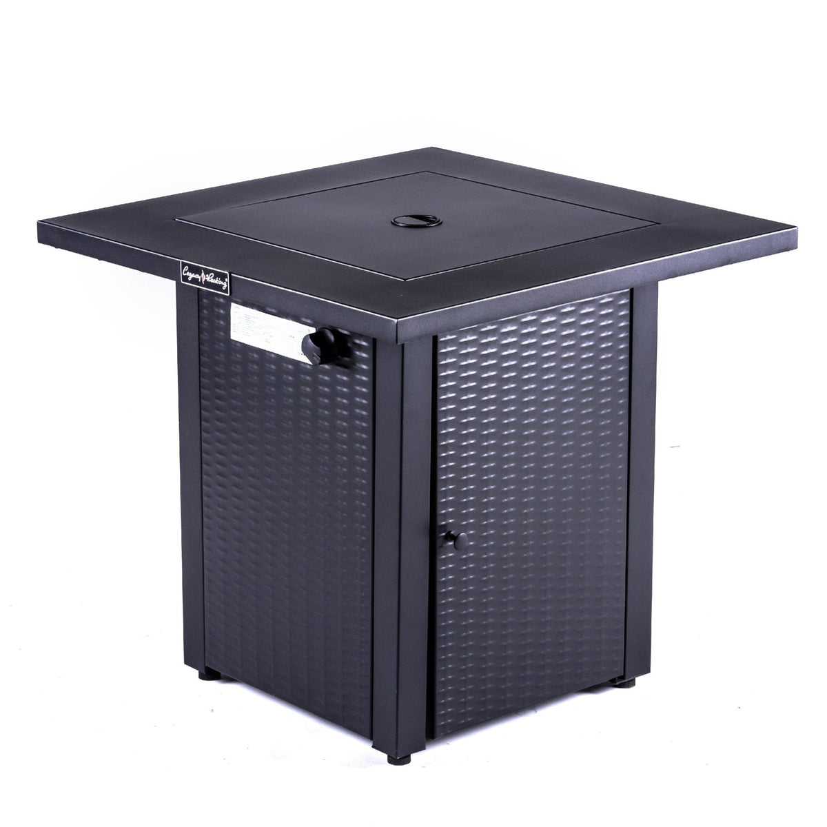 Black square table with a fitted center cover over the fire bowl and a woven-pattern cabinet base.
