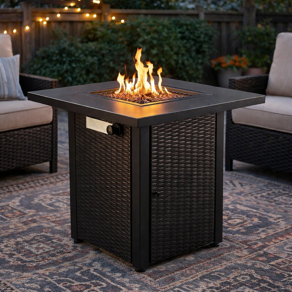 A square black fire pit table burns in a woven patio seating area at dusk.