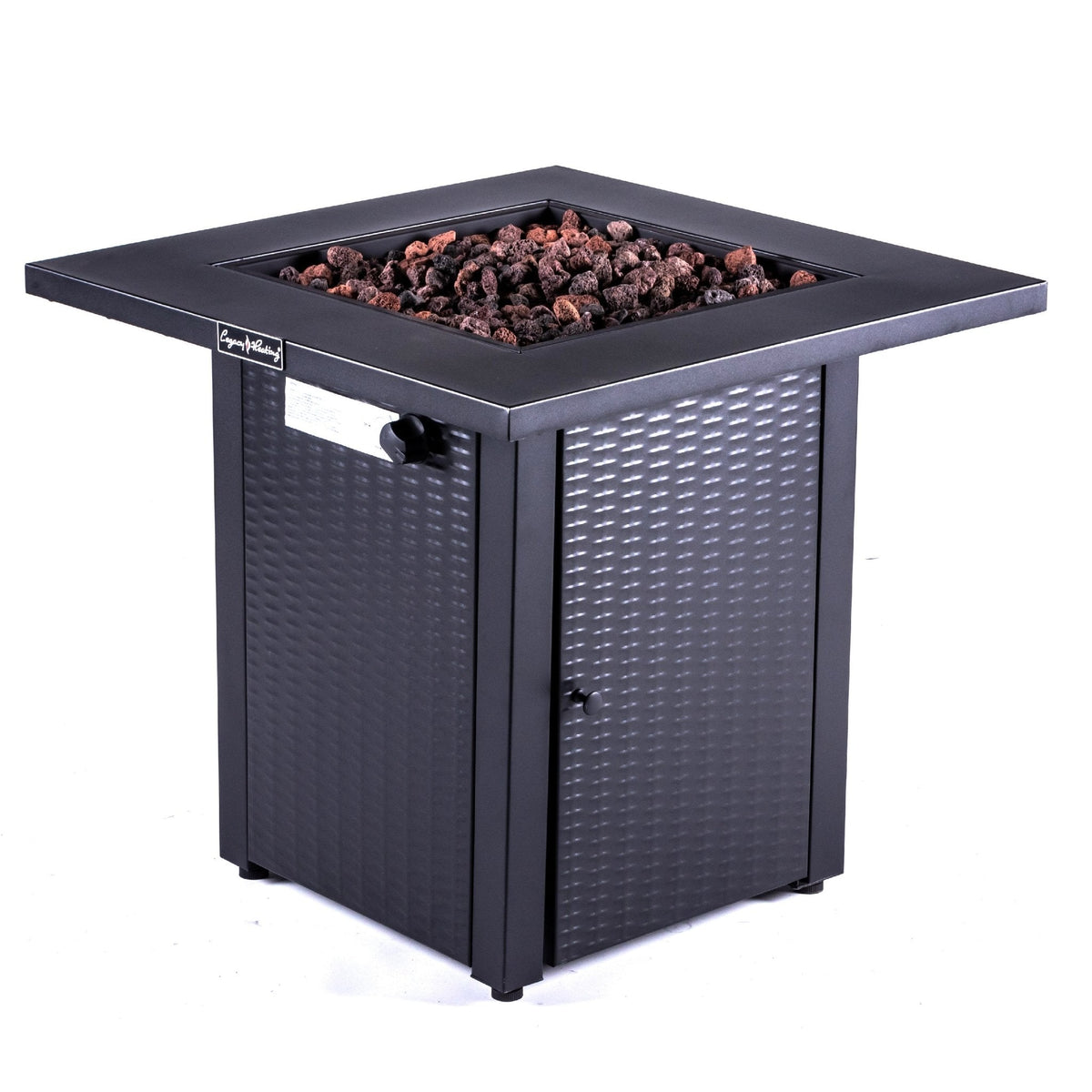 Square black fire pit table with a recessed bed of lava rocks and woven-look cabinet panels.