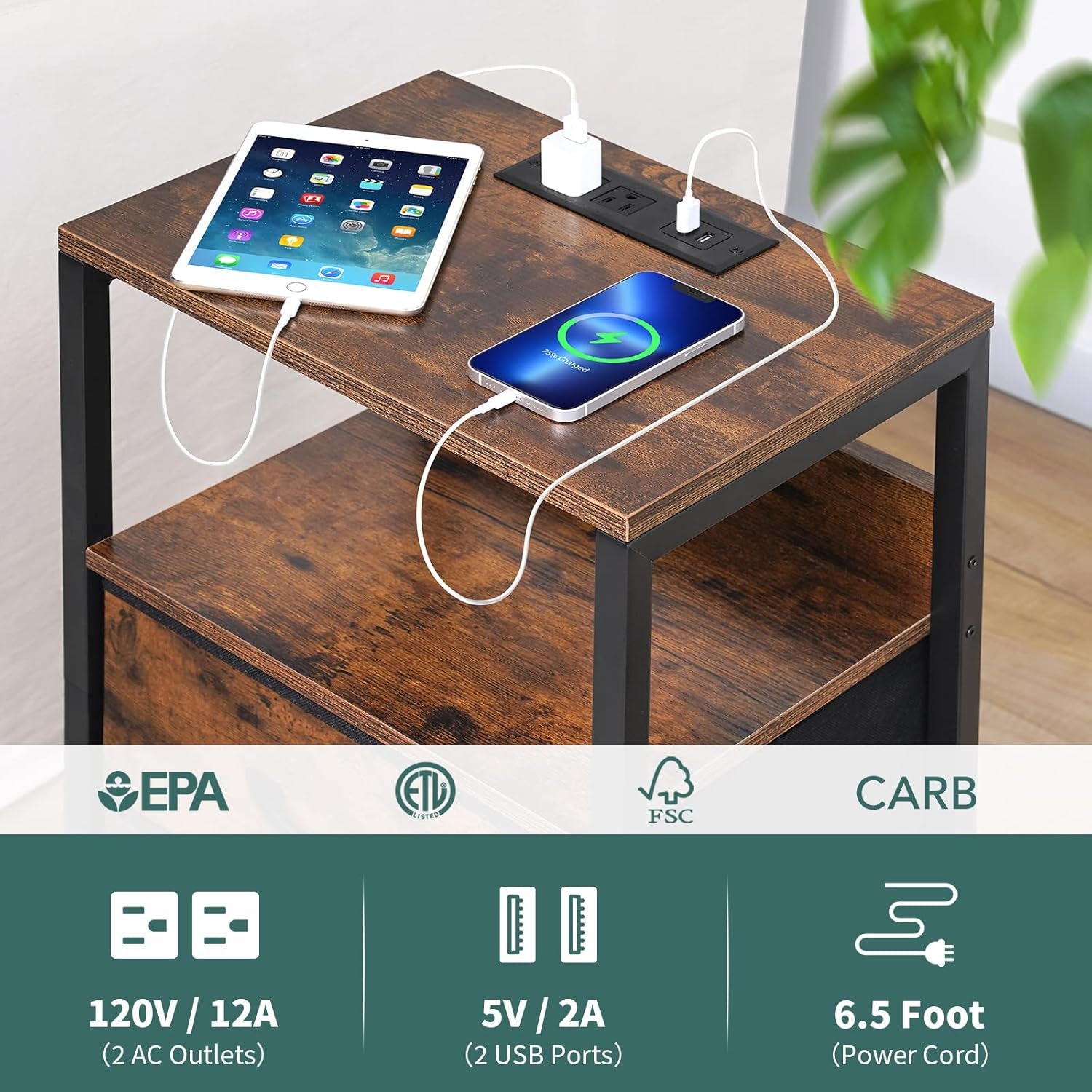 Lifestyle image with nightstand beside a sofa and a person on a couch highlighting the charging station use