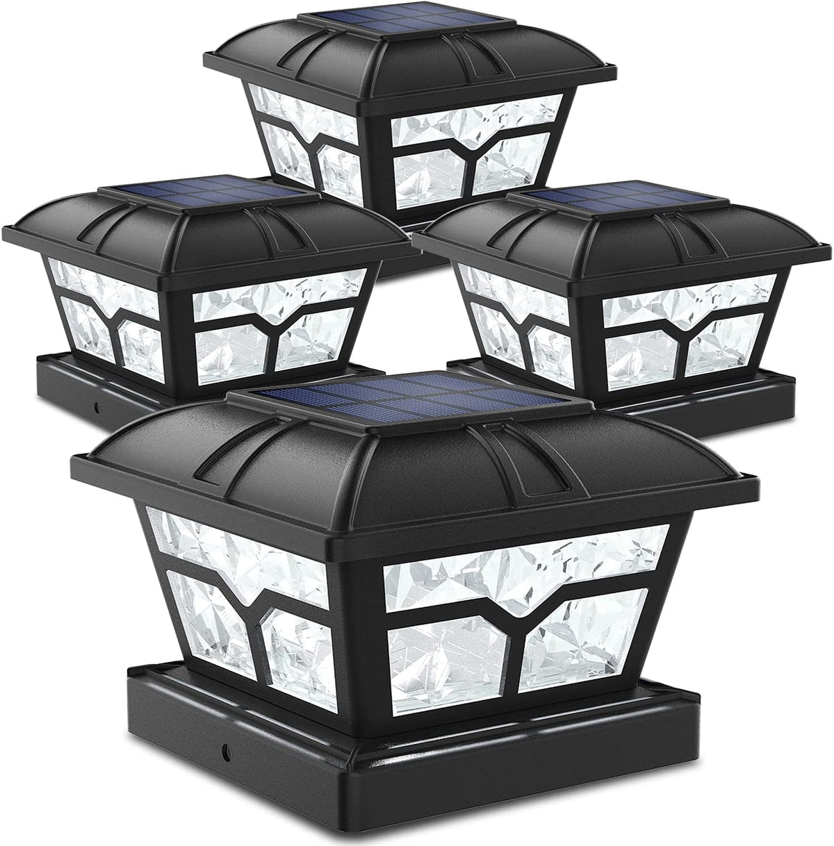 Four black post cap lights with solar panels and clear faceted sides