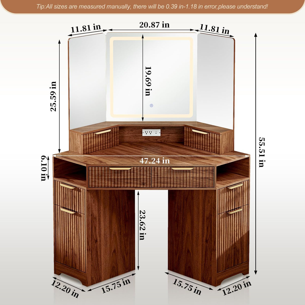 Dimension diagram of corner vanity showing tabletop width, mirror sizes and overall height measurements