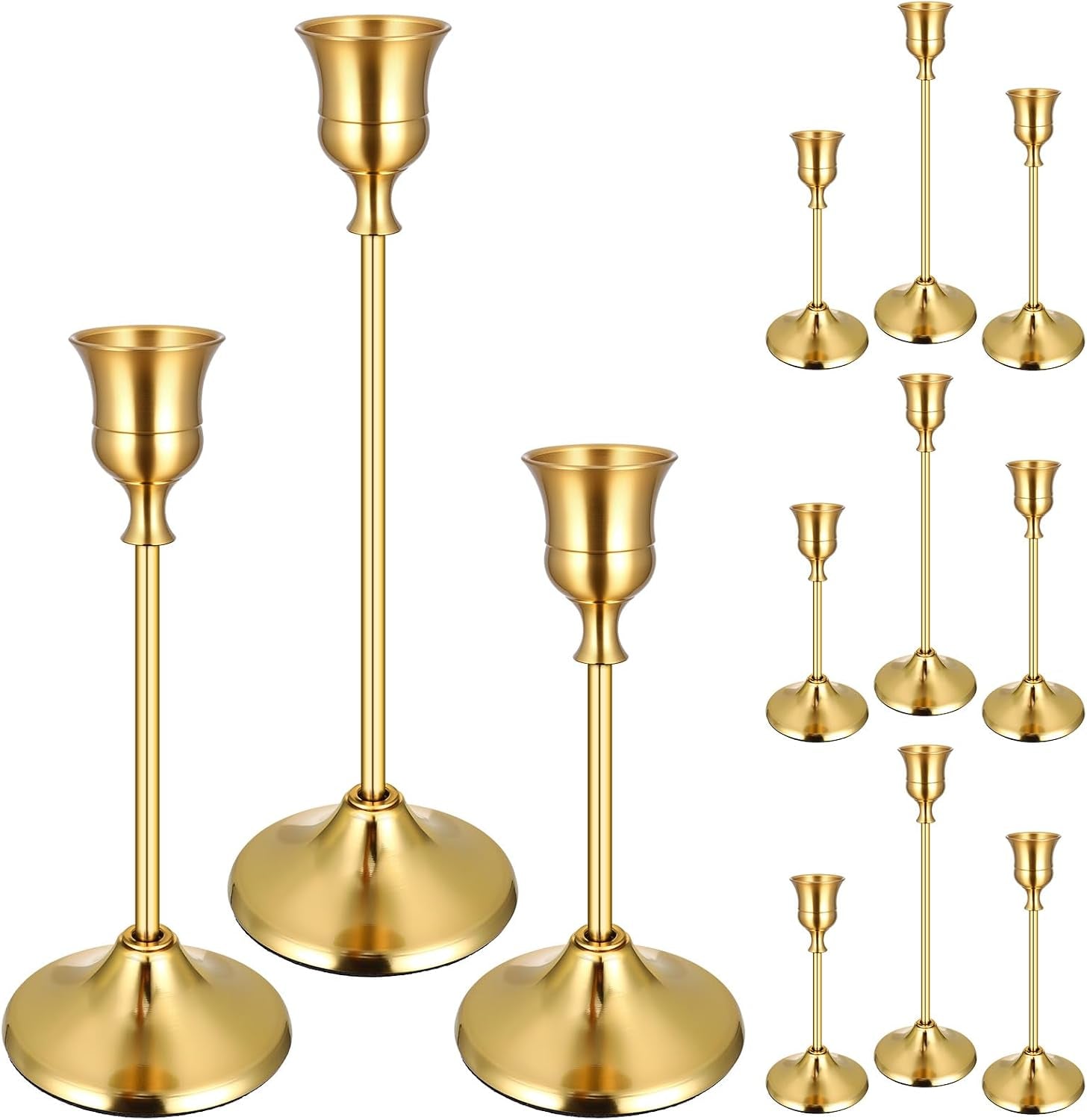 Three gold metal taper candle holders in front with smaller duplicates arranged at right.