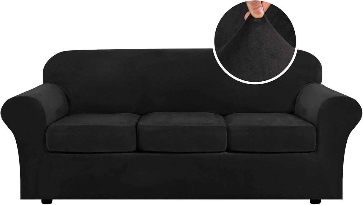 Straight-on view of a black three-cushion sofa against white with a round close-up of the plush fabric