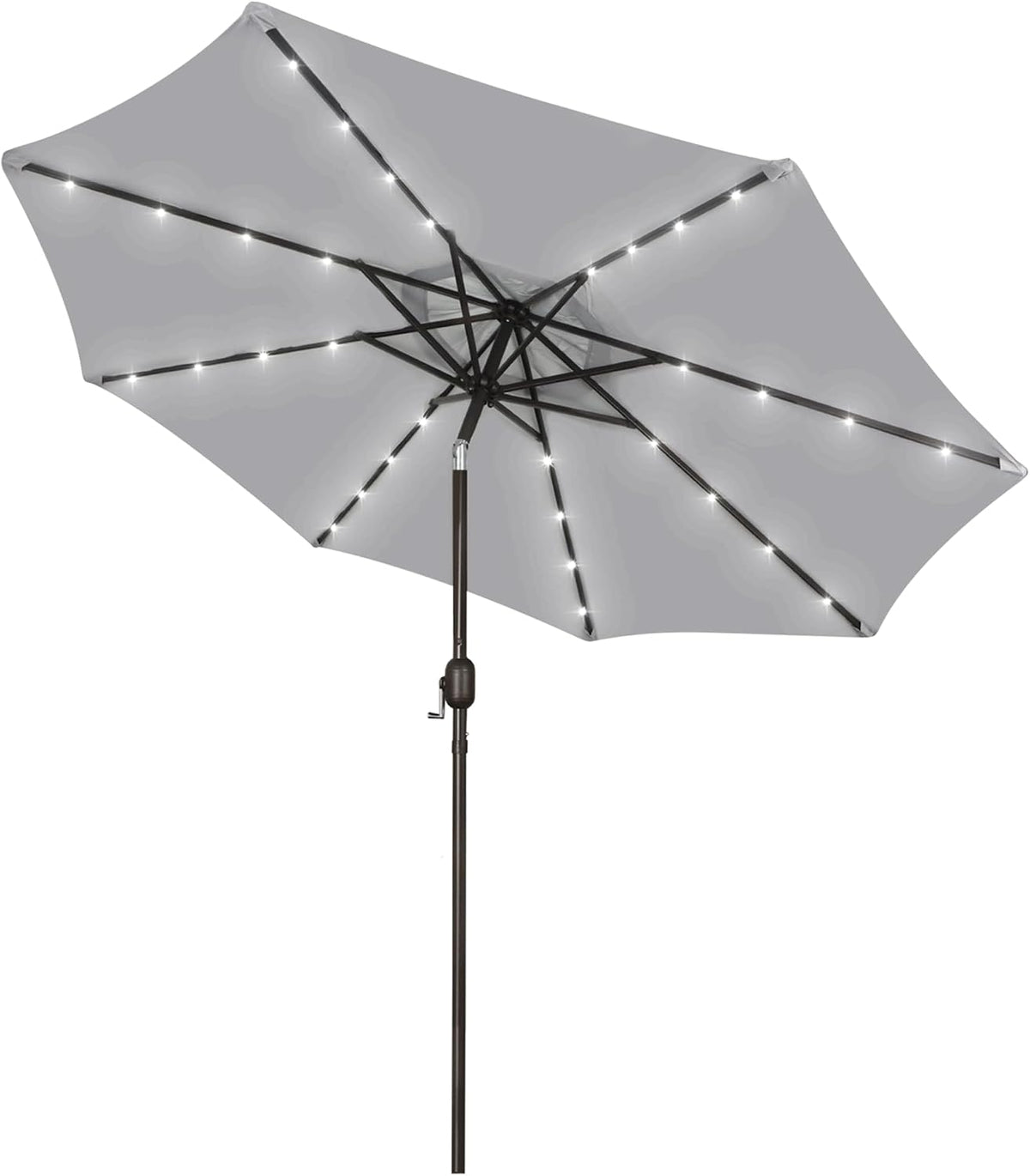 Light gray patio umbrella open with 32 small LED lights along the ribs and a central crank pole.