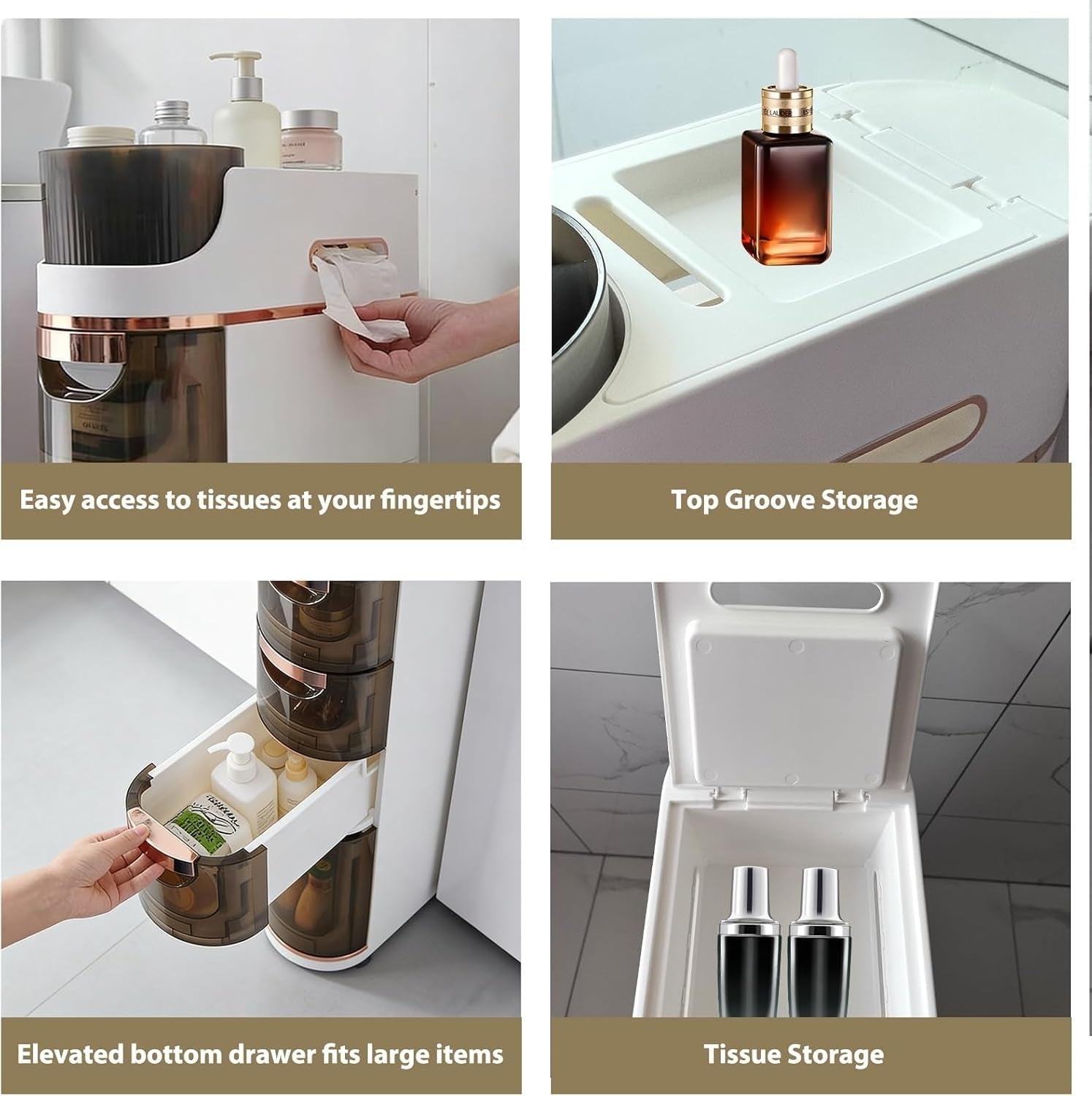 Four close-up panels showing tissue dispenser, top groove, pull-out drawer and interior tissue compartment.