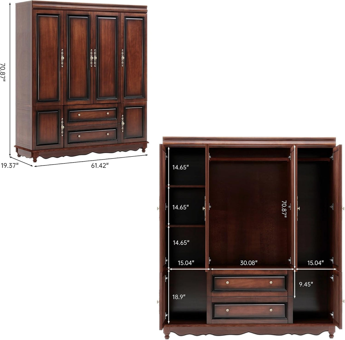 Front and interior dimensions diagram of the cherry finish wardrobe showing 61.42" width and 70.87" height