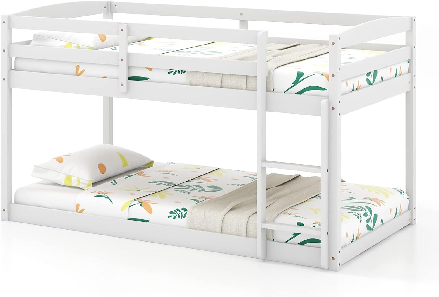 Isolated white low bunk bed on white background showing both mattresses and side ladder.