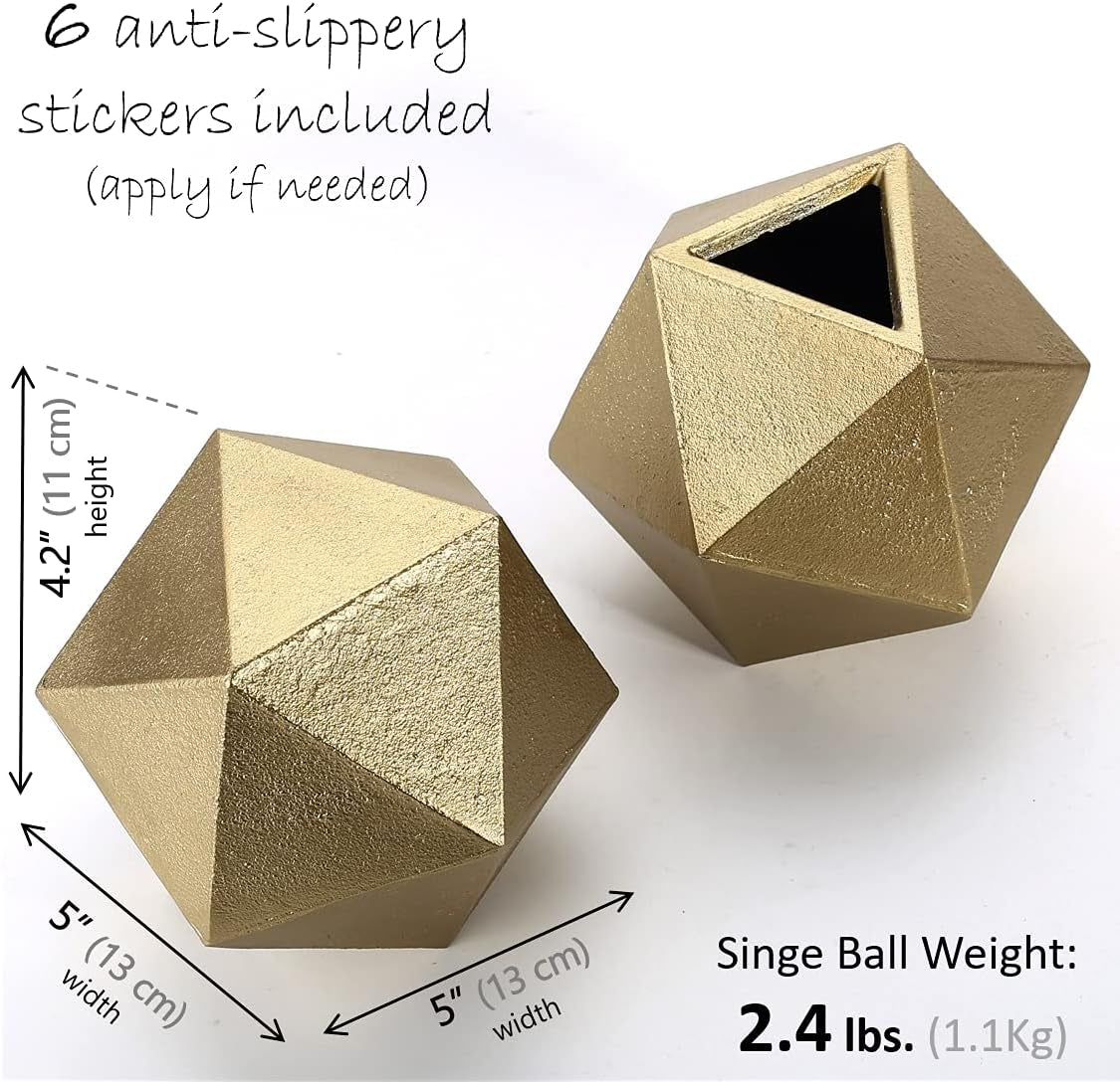 Two gold geometric ball bookends on white background with dimension overlays showing 5" width and 4.2" height