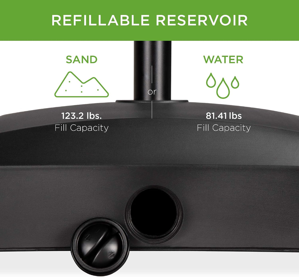 Close-up of the base fill opening and screw cap showing the refillable reservoir for sand or water