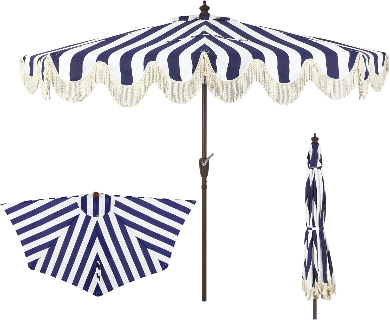 Front view of navy-and-white striped scalloped umbrella with cream fringe and dark brown pole; folded and underside insets