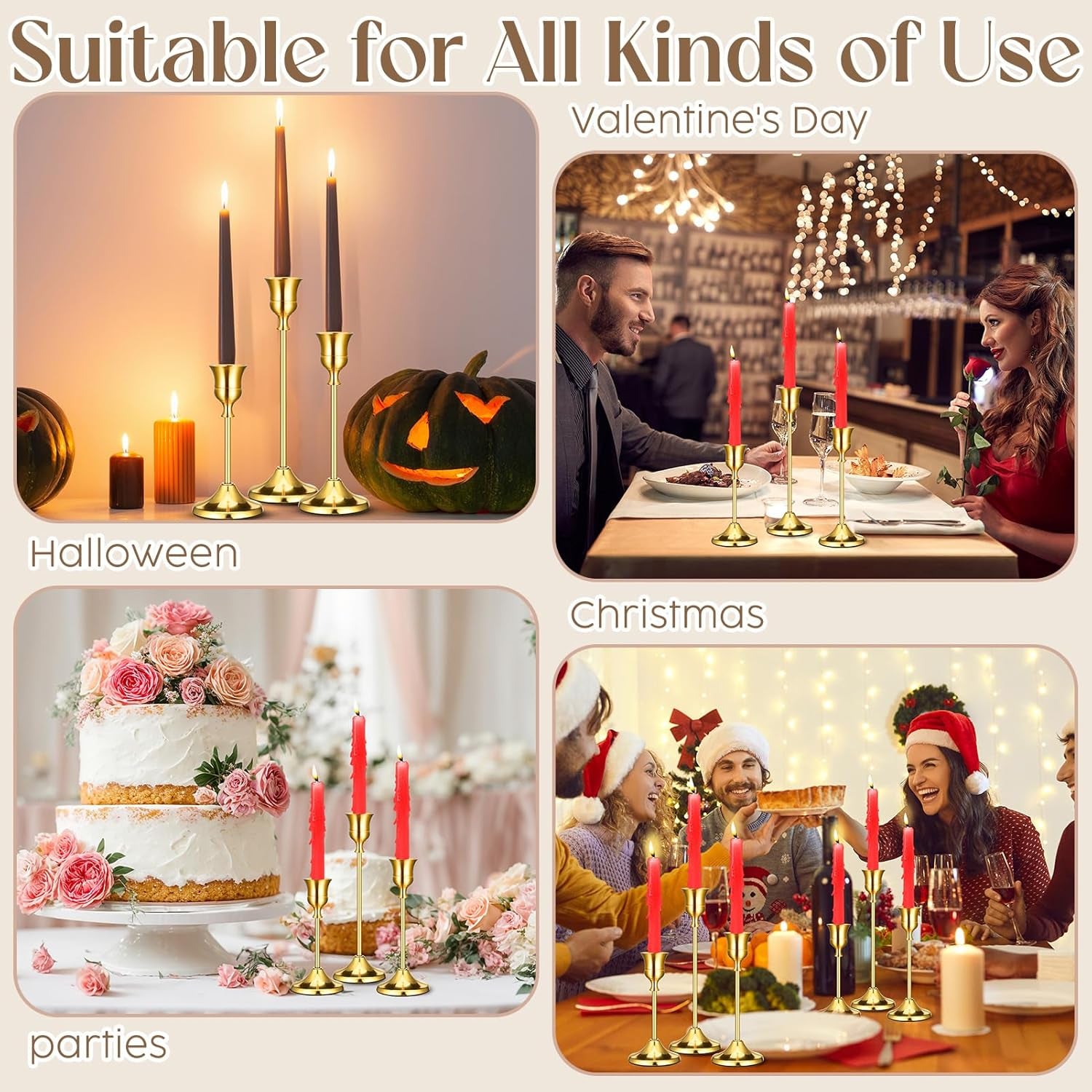 Four-panel collage showing gold candlesticks styled for Halloween, a romantic dinner, a cake table, and a Christmas party.