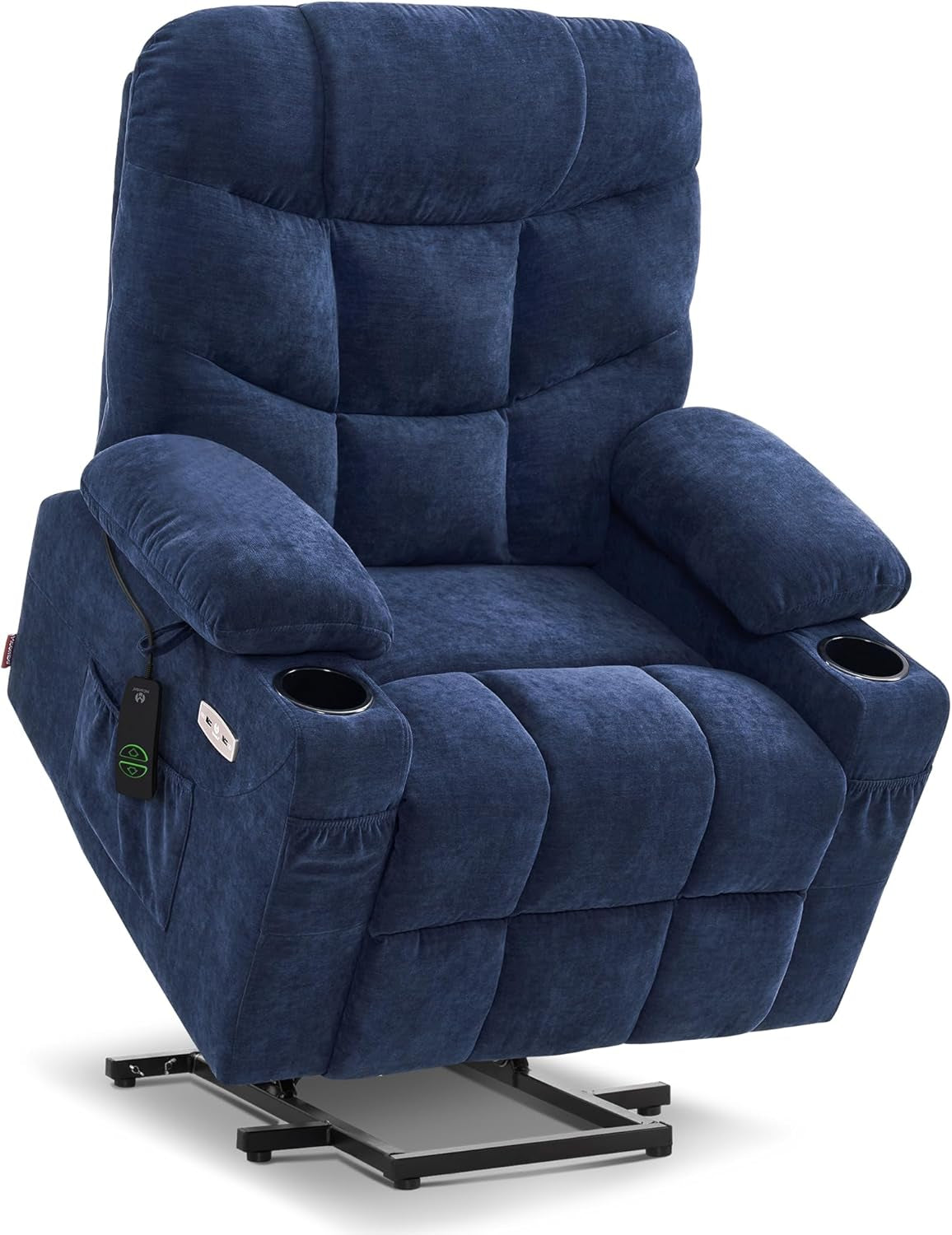 Three-quarter view of a navy fabric lift recliner showing tufted back, padded arms and exposed metal lift base.