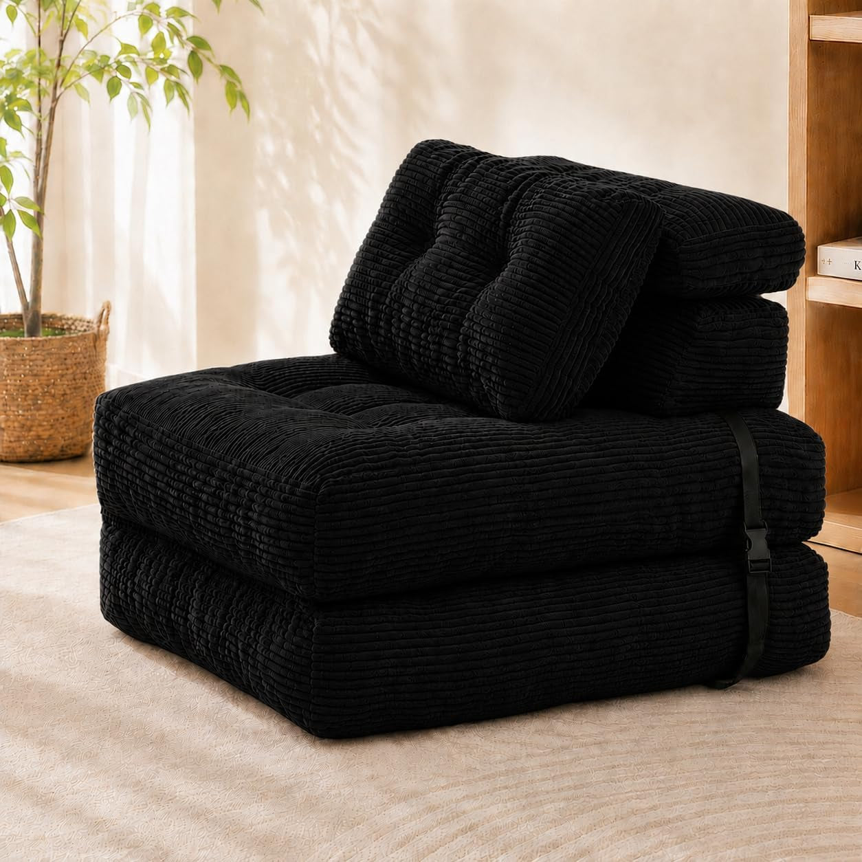 Black corduroy folding floor chair folded into a low seat with tufted cushions and side strap.