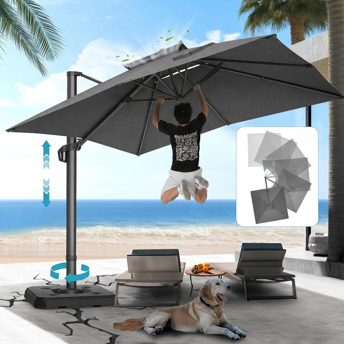 Charcoal-gray offset umbrella open above two lounge chairs and a golden retriever on a seaside patio