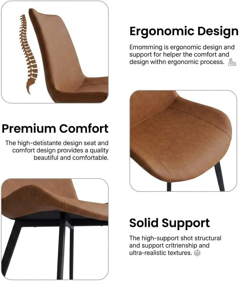 Collage of close-up views showing a brown PU leather chair seat, back curve and black metal legs.