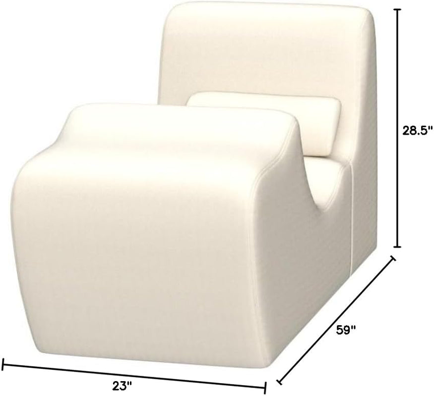 Oatmeal chaise lounger front view with a dimension diagram overlay on a white background