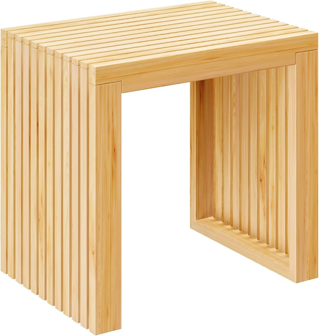 Isolated natural bamboo slatted bench shown from a slight angle on white background