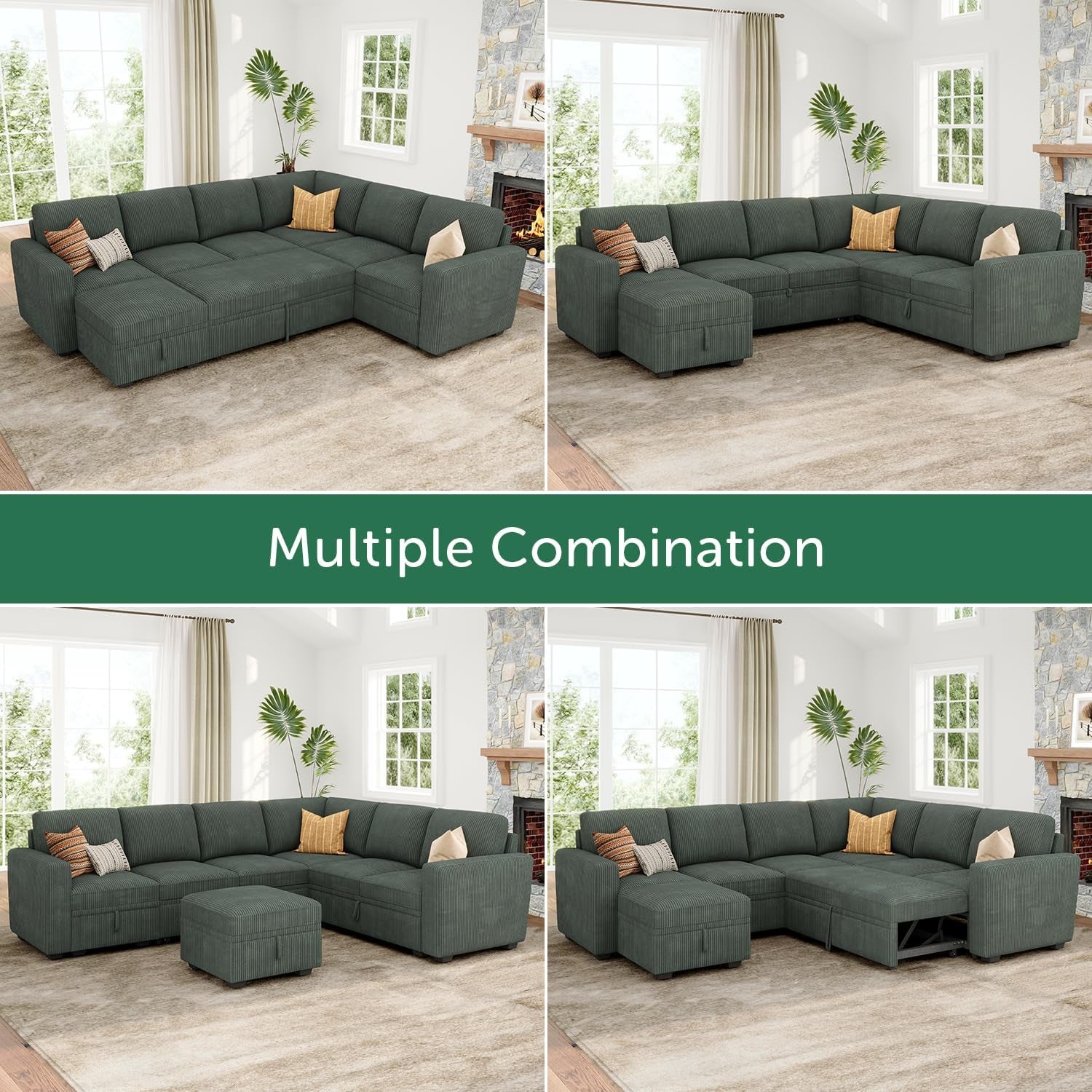 Modular Sectional Sleeper Sofa with Pull Out Bed, Corduroy Couch with Storage Seats Ottoman, U Shaped Sectional Couches for Living Room, Green