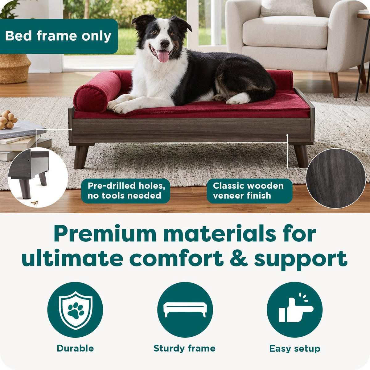 Side profile of gray-wash elevated bed with a black-and-white dog and close-up of wood-look veneer finish