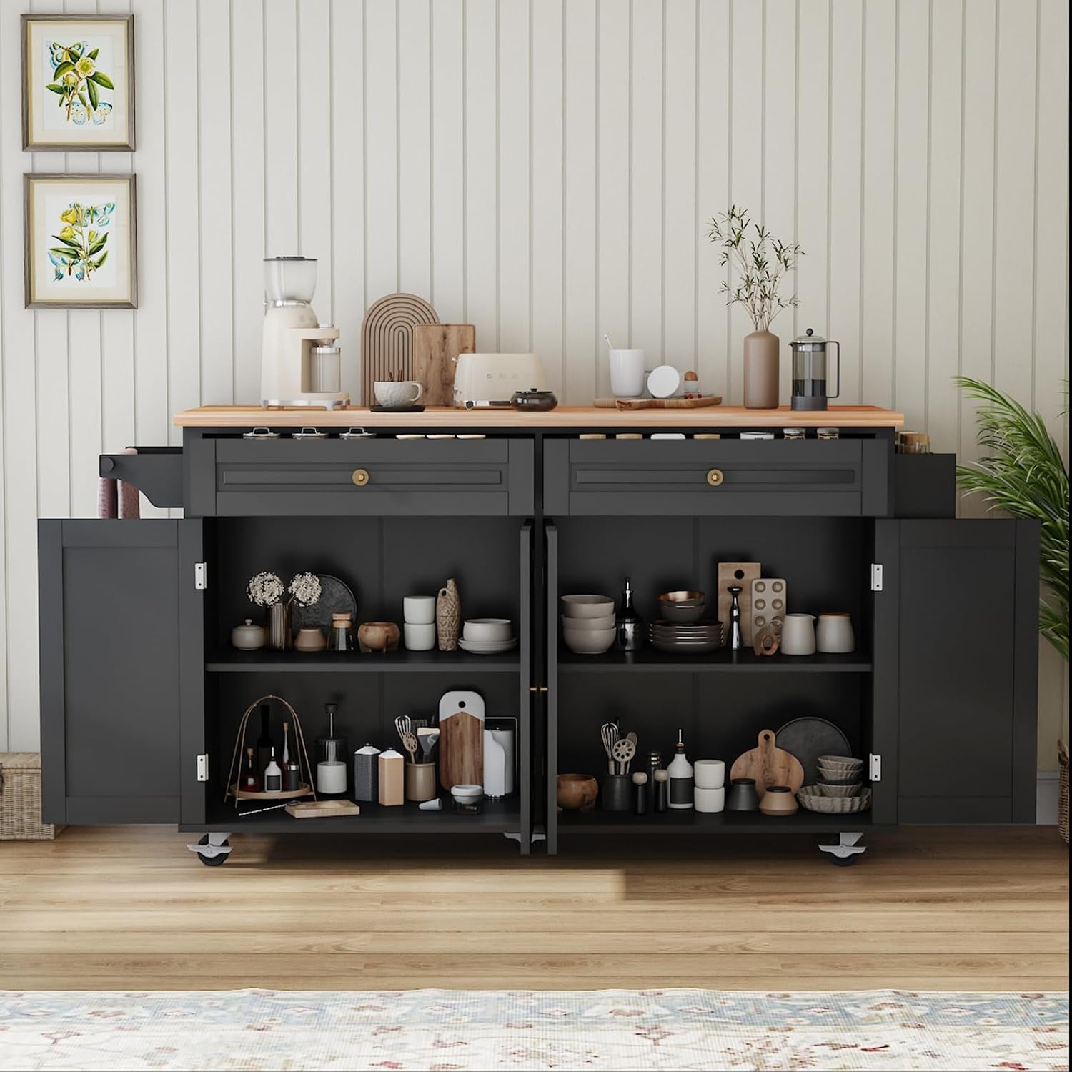 Front view with cabinet doors open revealing adjustable two-tier shelving storing dishes and pantry items